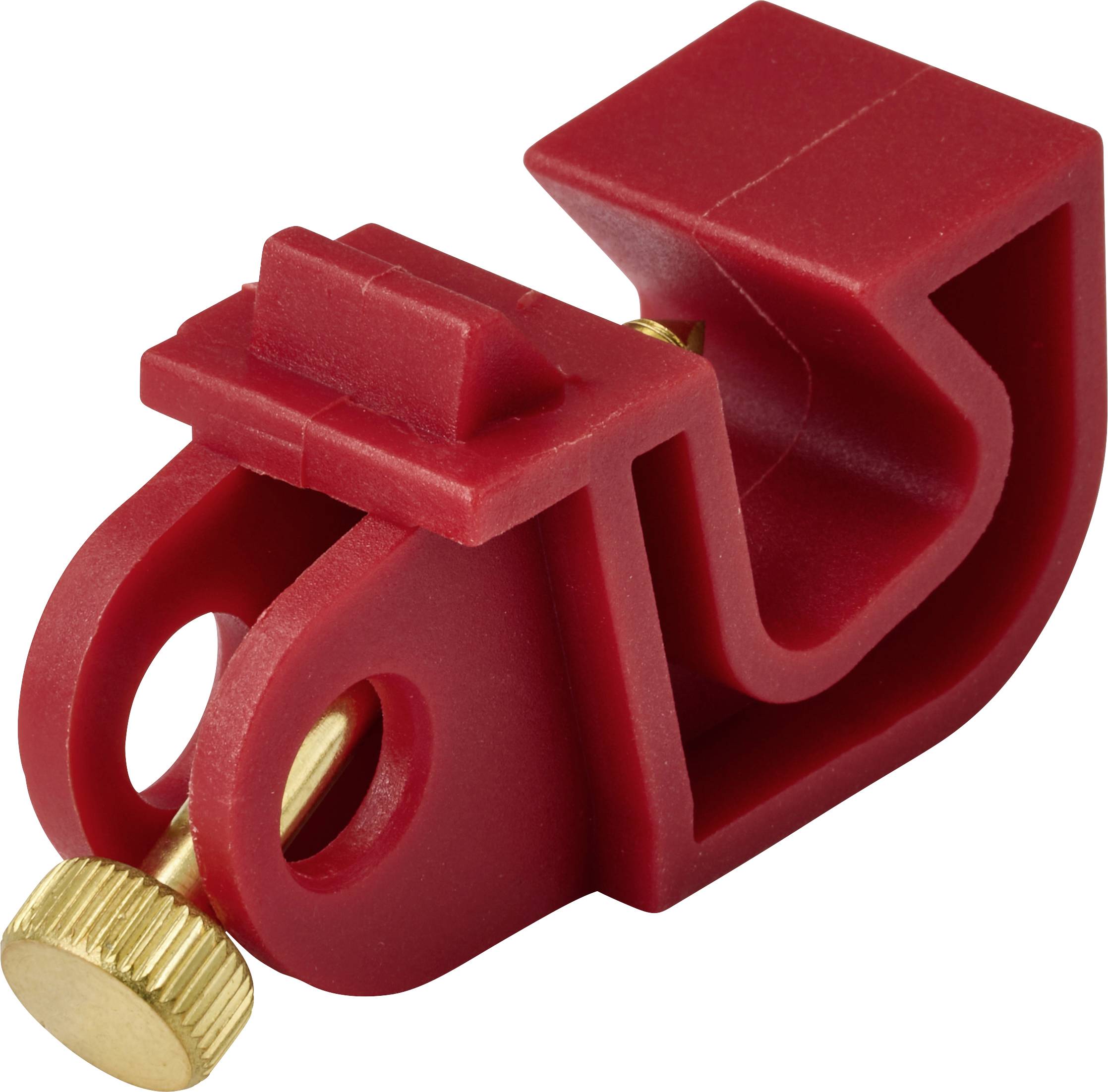Un collier de serrage en plastique rouge pour tube Pex avec une vis en laiton, utilisé pour fixer les tubes dans les installations de plomberie.