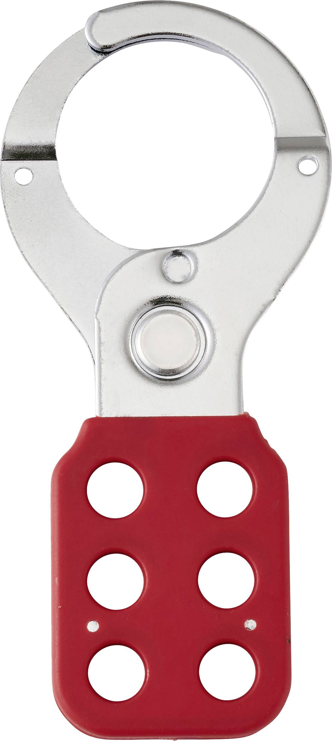 Un cadenas de consignation en argent avec un corps rouge comportant six trous, utilisé pour les procédures de sécurité visant à empêcher le fonctionnement des machines pendant la maintenance.