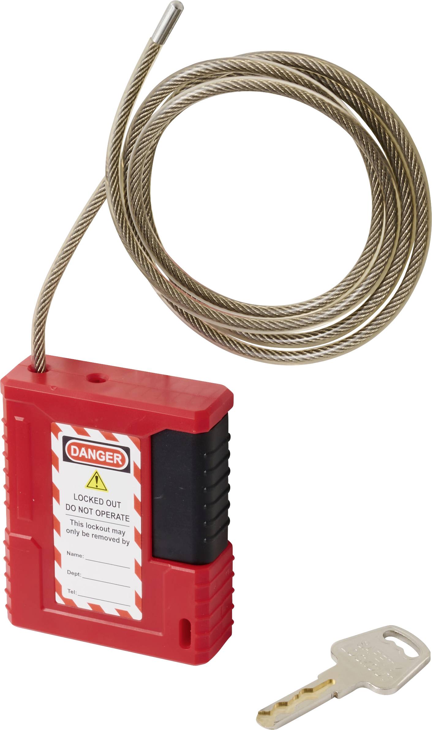 Dispositif de condamnation rouge avec câble attaché, étiqueté « Danger : Verrouillé. Ne pas utiliser ». Une clé est posée à côté, soulignant le protocole de sécurité.