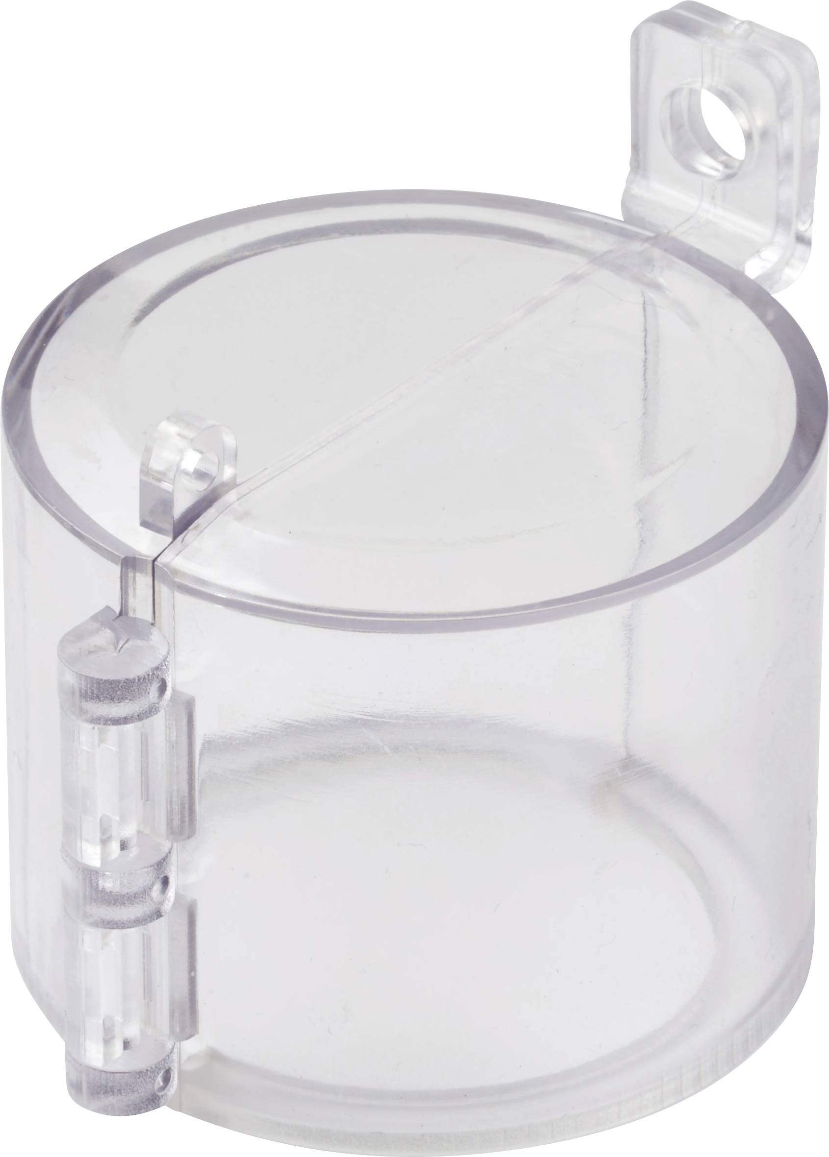 Récipient cylindrique transparent en plastique avec un couvercle à charnière à clip et un trou de montage sur un côté.