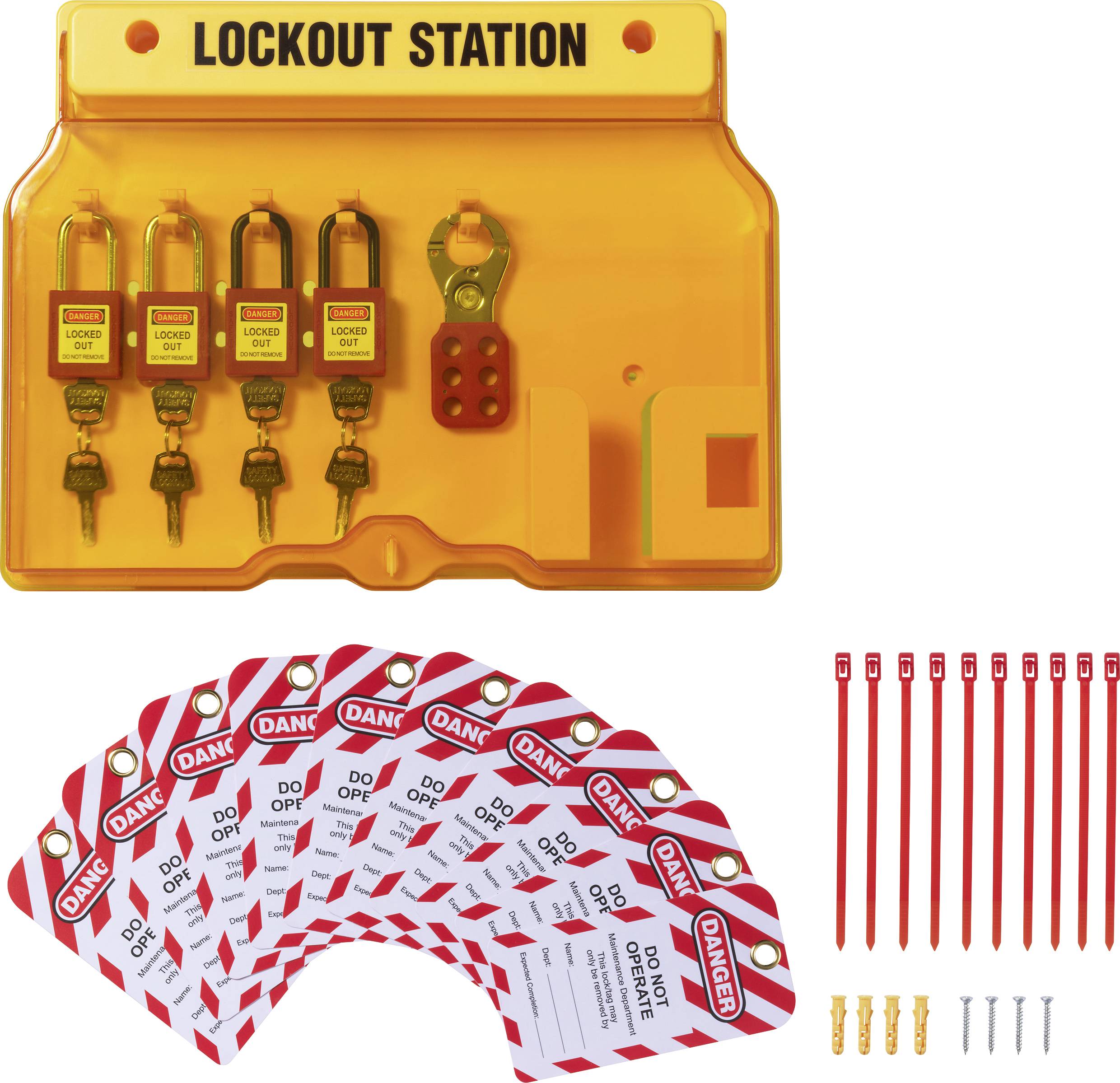 Station de condamnation avec quatre cadenas rouges, un étrier de condamnation, des étiquettes portant la mention « DANGER NE PAS UTILISER », et des colliers de serrage rouges pour des mesures de sécurité.