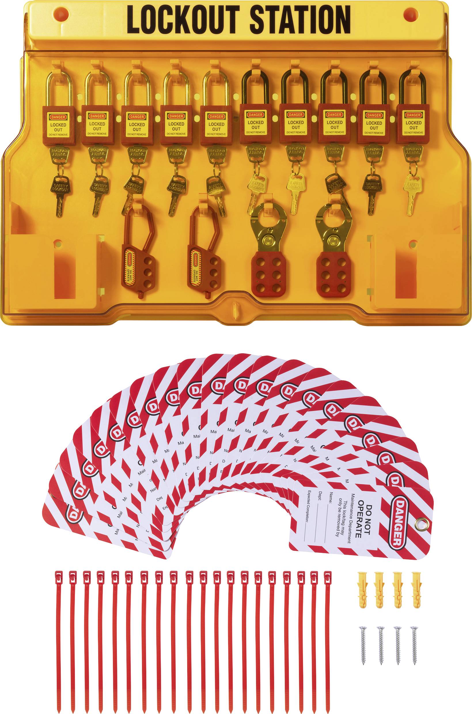 Station de consignation avec plusieurs cadenas, clés, étiquettes et colliers de serrage pour les procédures de sécurité, empêchant la mise en marche accidentelle de la machine pendant la maintenance.