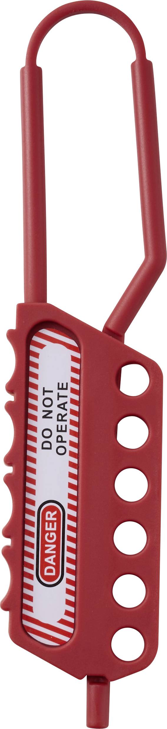Condamnation de sécurité rouge avec étiquette « Danger Ne Pas Manœuvrer » comportant plusieurs trous pour l'insertion de cadenas.