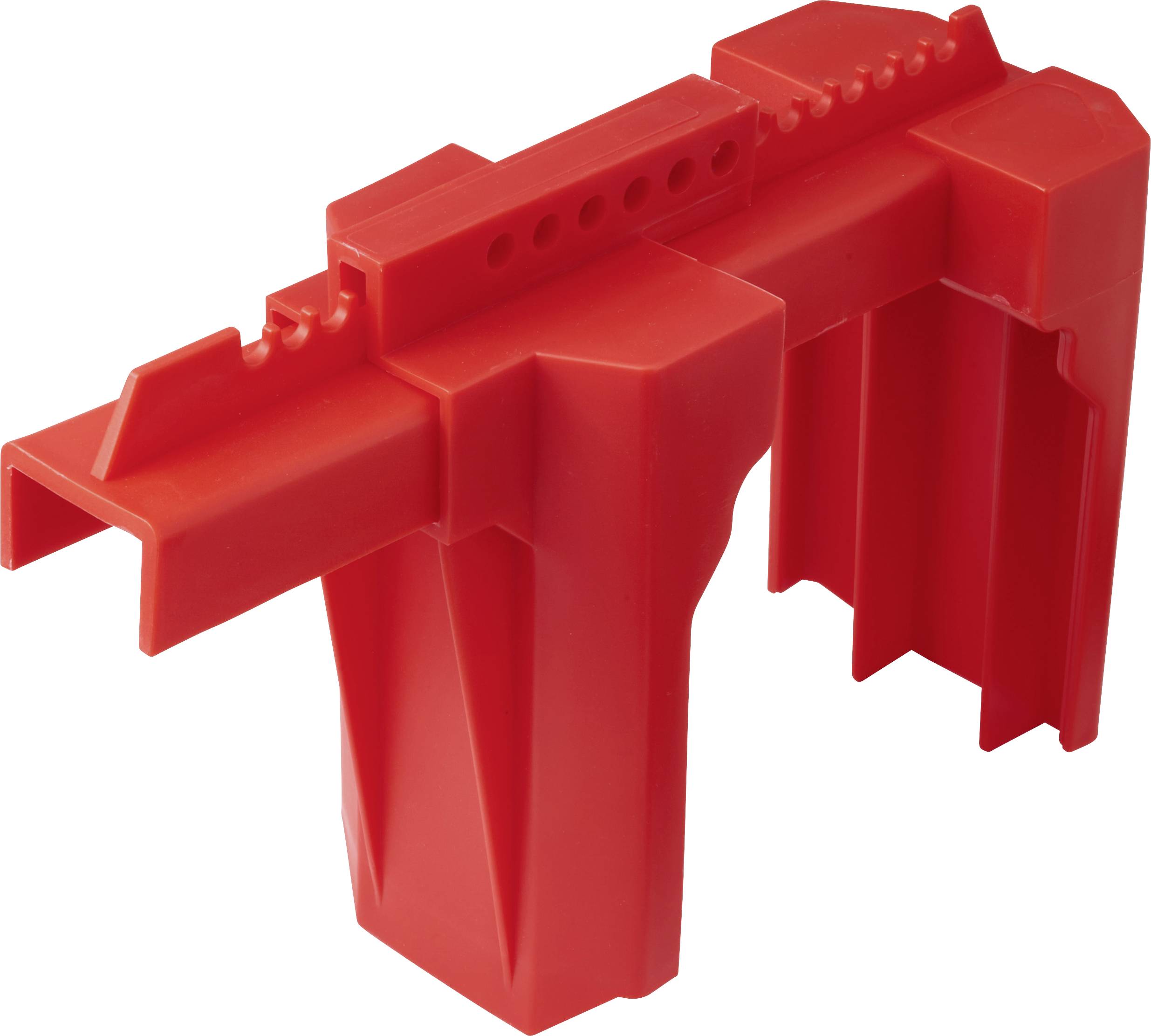 Outil de verrouillage en plastique rouge conçu pour s'adapter sur un disjoncteur standard, garantissant la sécurité lors de travaux électriques.