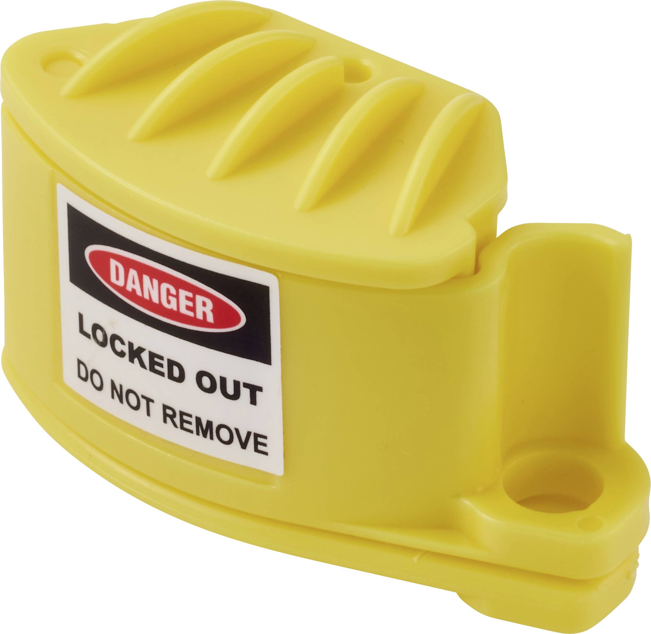 Dispositif de verrouillage de sécurité jaune avec l'étiquette « Danger Verrouillé Ne Pas Enlever » en texte rouge et noir. Utilisé pour sécuriser les machines.