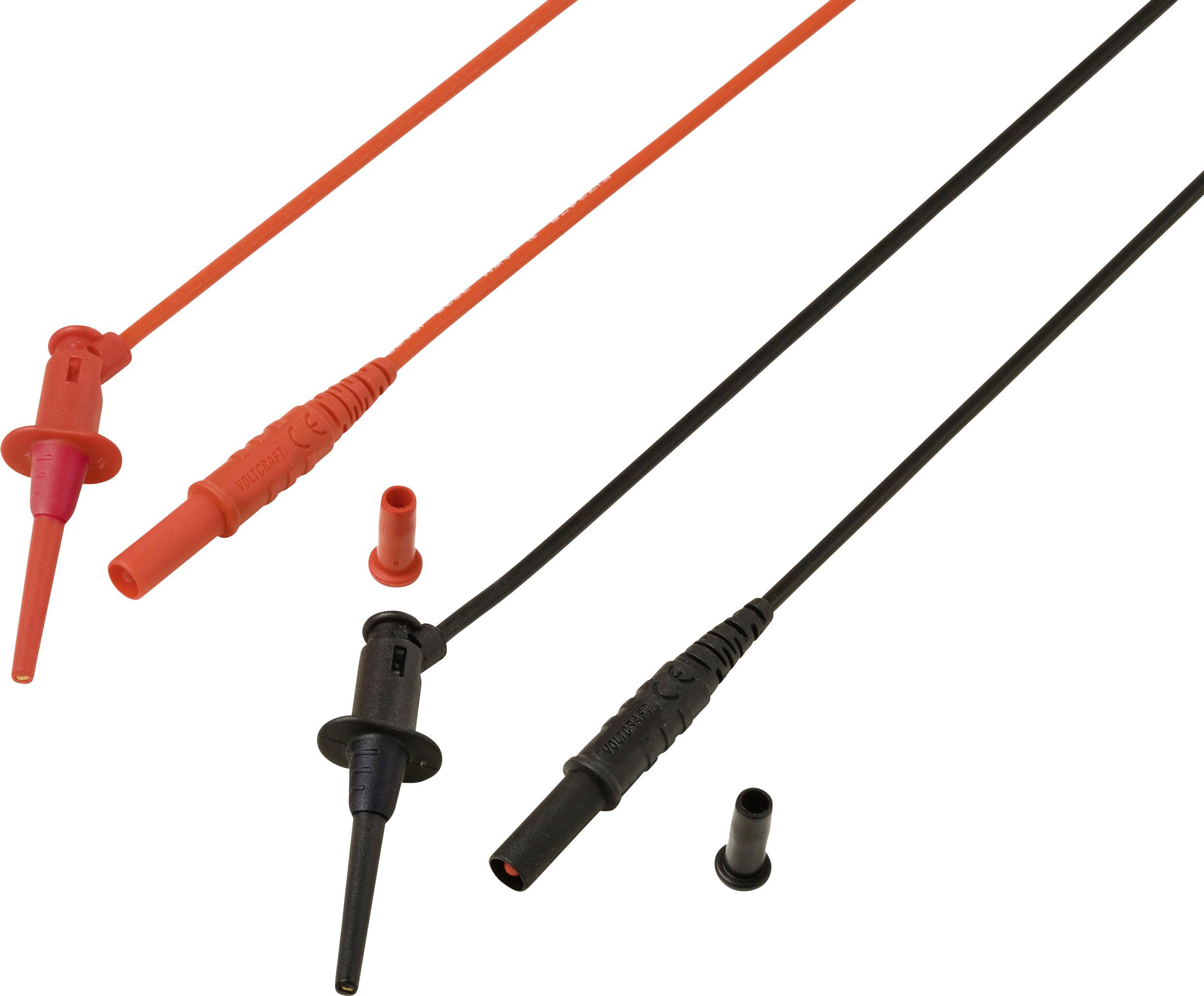 Deux sondes de test électriques, l'une rouge et l'autre noire, chacune équipée de gaines de protection, utilisées pour les multimètres ou des appareils similaires.