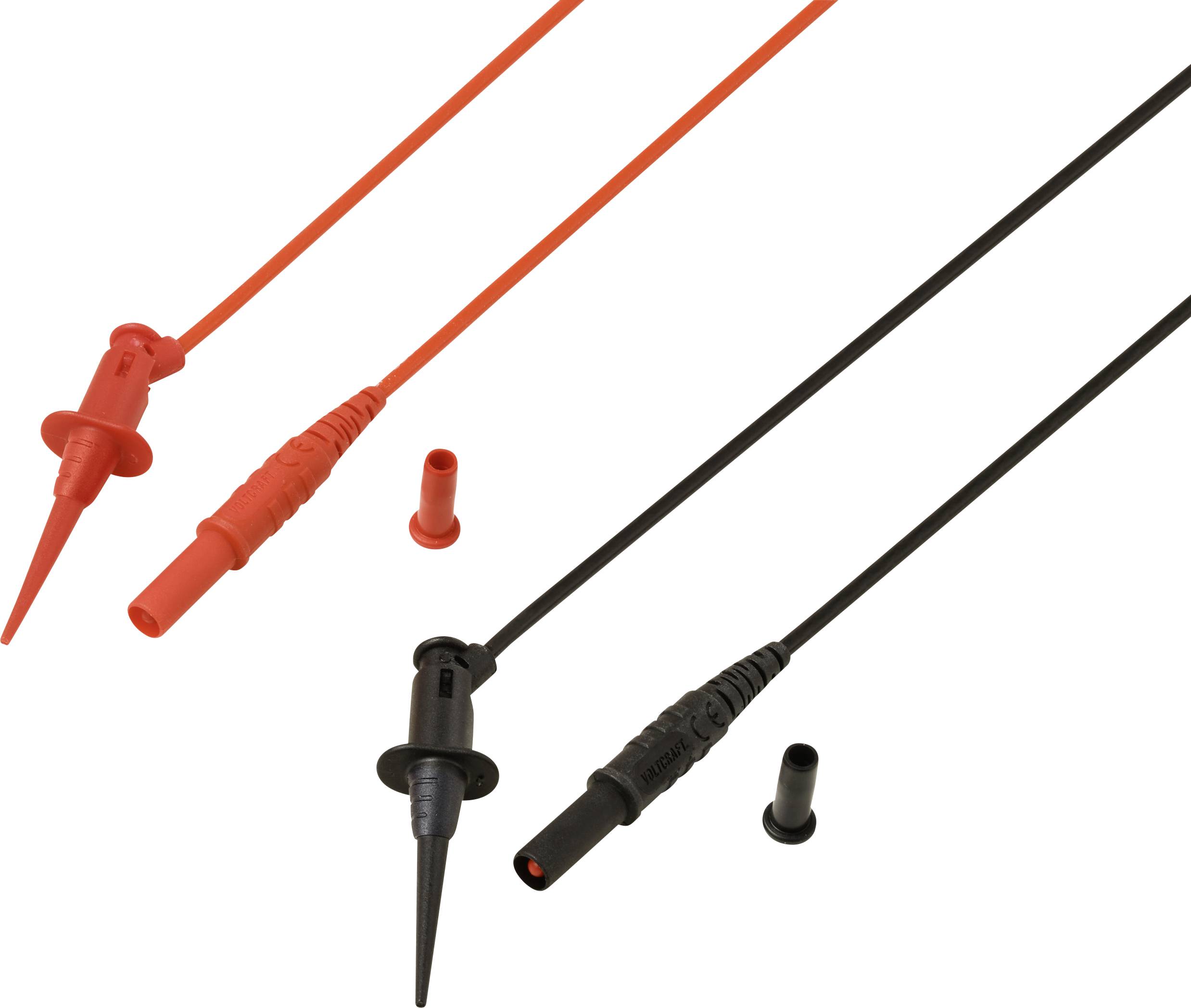Fils de test électriques rouges et noirs avec sondes pointues et capuchons de protection séparés positionnés à côté des fils.
