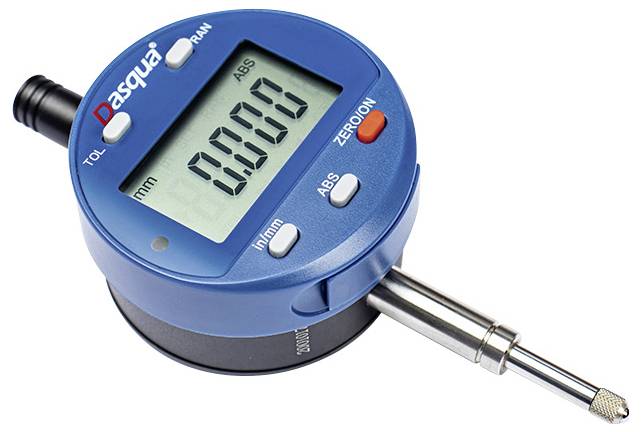 Un indicateur numérique affiche une lecture de '0,00' sur un écran LCD. Il possède des touches pour 'TOL', 'mm/pouce', 'ZÉRO' et 'MARCHE'.