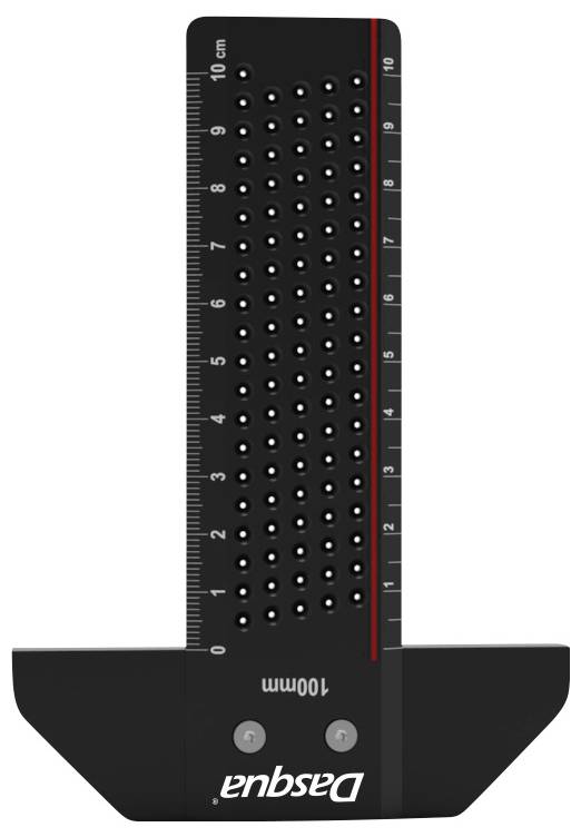 Un comparateur de hauteur Dasqua avec une échelle verticale en pouces et millimètres, doté d'une base pour assurer la stabilité.