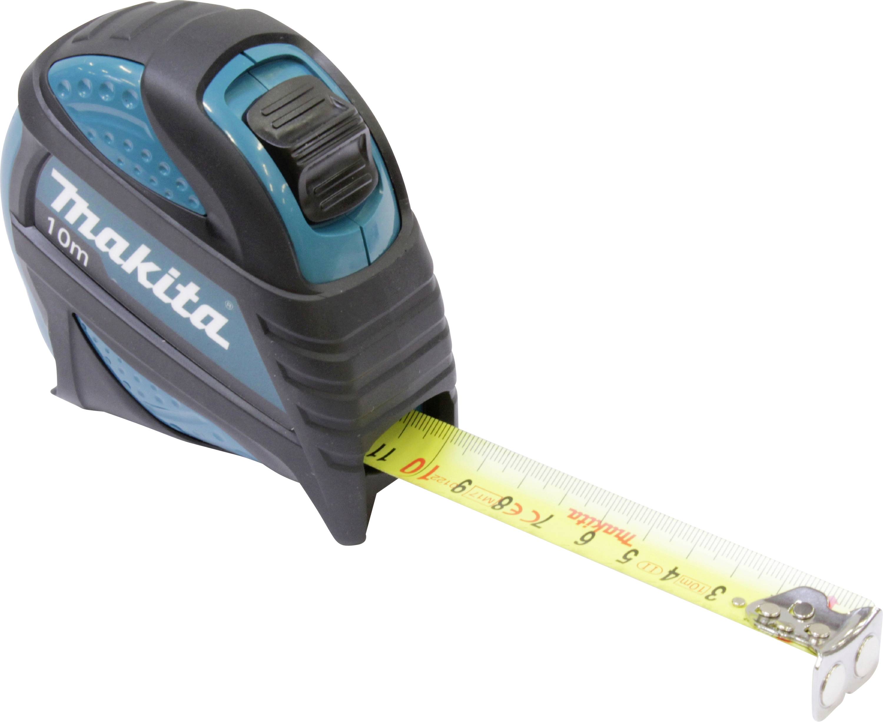 Un mètre ruban Makita bleu et noir de 10 mètres, avec le ruban métallique partiellement déployé, montrant des graduations de mesure jaunes et blanches.