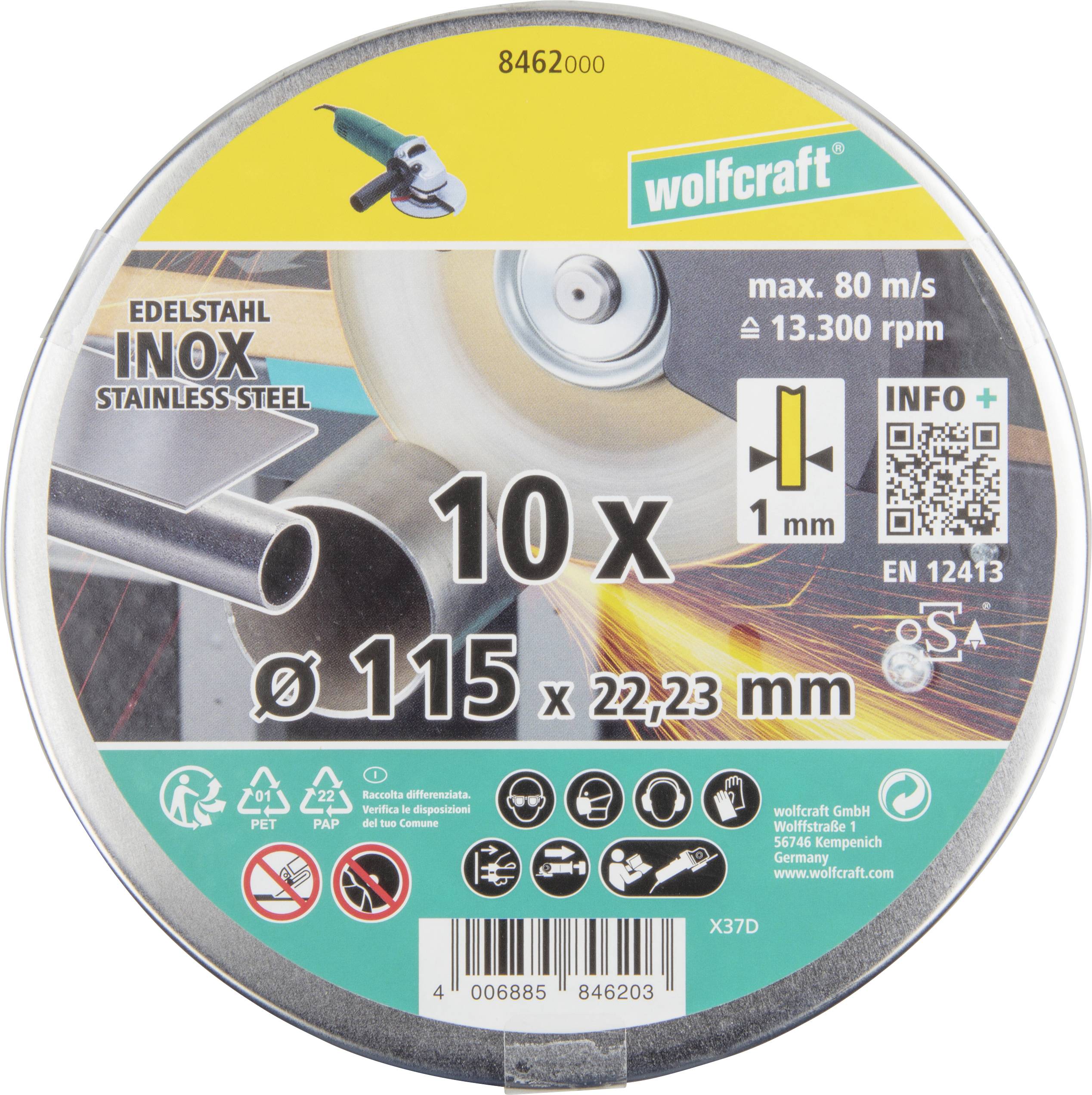 Wolfcraft 8462000 Disque à tronçonner diamanté 115 mm 10 pc(s) acier inoxydable (antirouille), métal