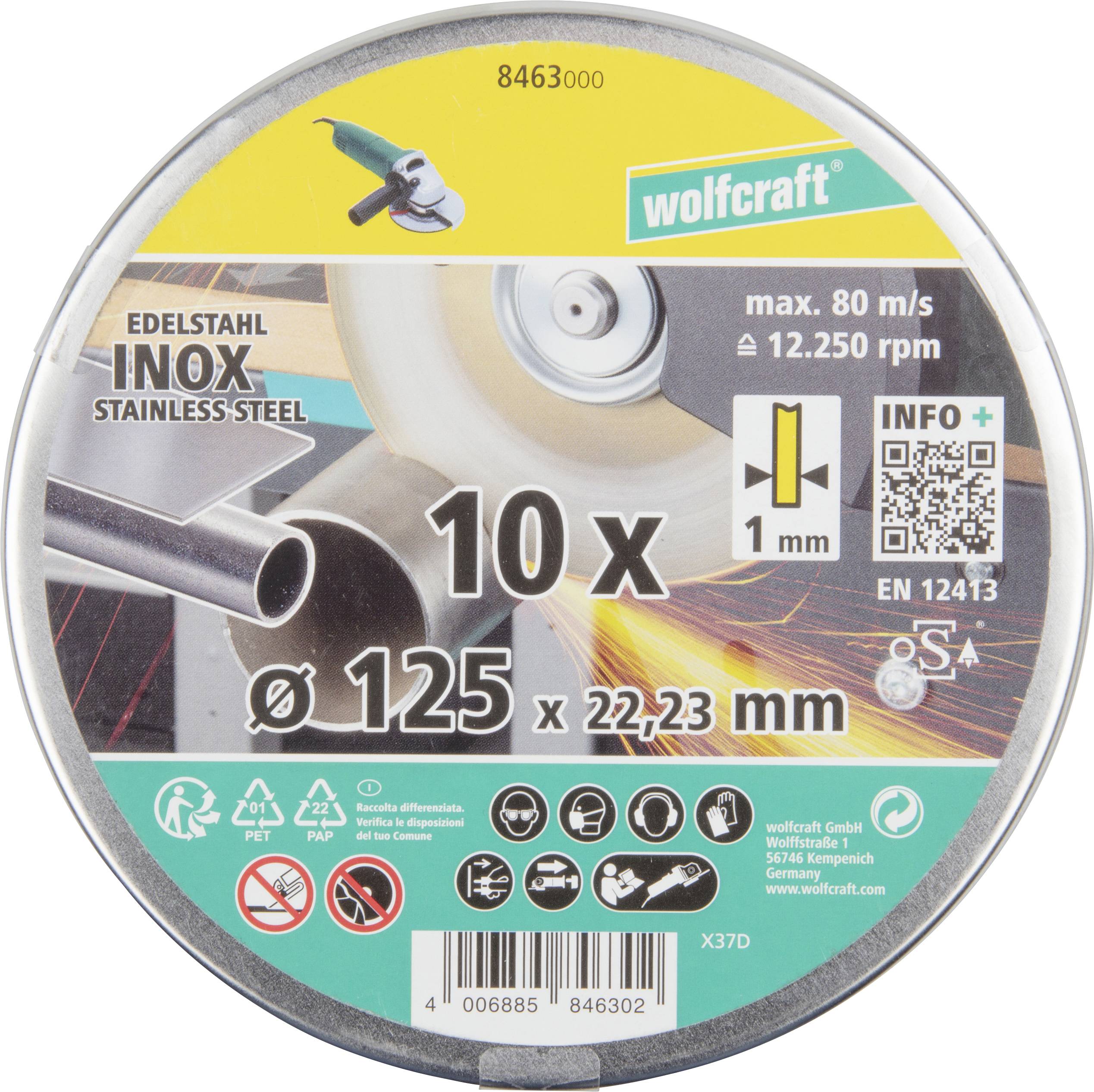 Wolfcraft 8463000 Disque à tronçonner diamanté 125 mm 10 pc(s) acier inoxydable (antirouille), métal