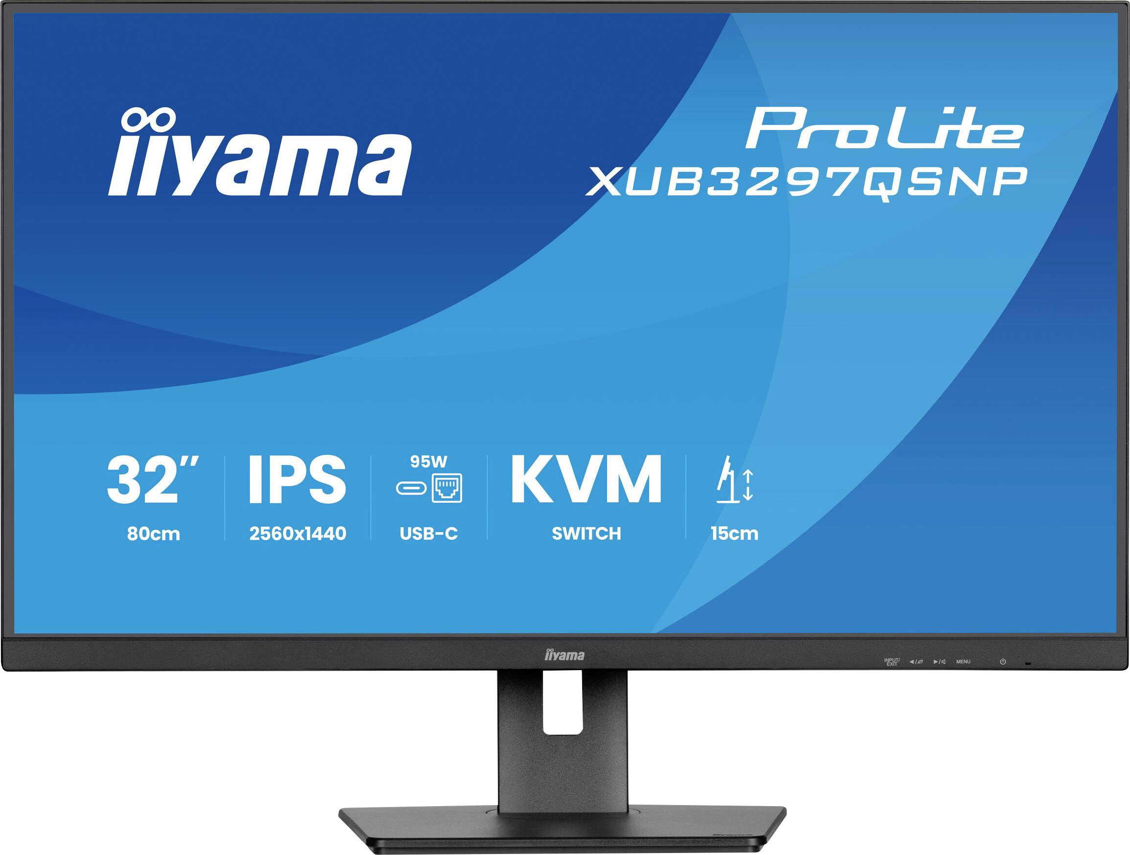 Moniteur Iiyama ProLite XUB3297QSNP avec un fond bleu. Caractéristiques : écran de 32