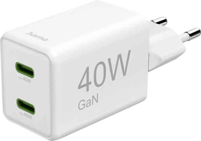 Hama Schnellladegerät, GaN, 2x USB-C, Super-Mini-Ladegerät, PD, 40 W, Weiß Chargeur USB 40 W blanc