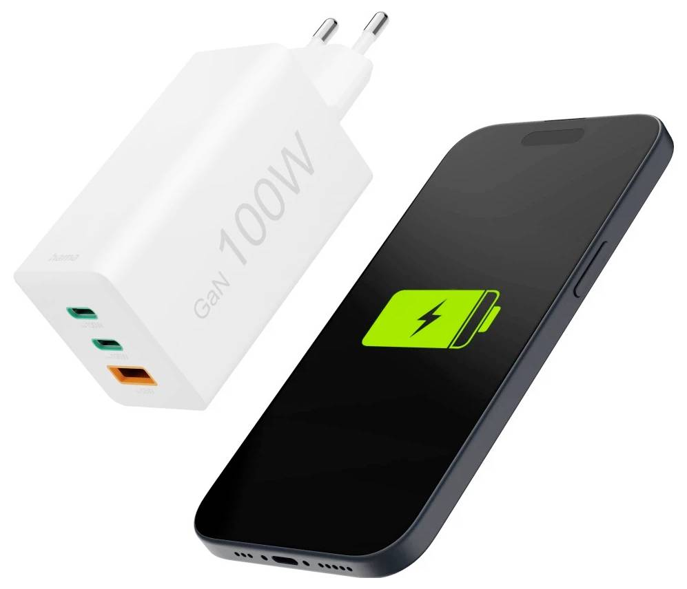 Hama Schnellladegerät, GaN, 2x USB-C, 1x USB-A, Mini-Ladegerät, PD, 100 W, Weiß Chargeur USB 100 W blanc