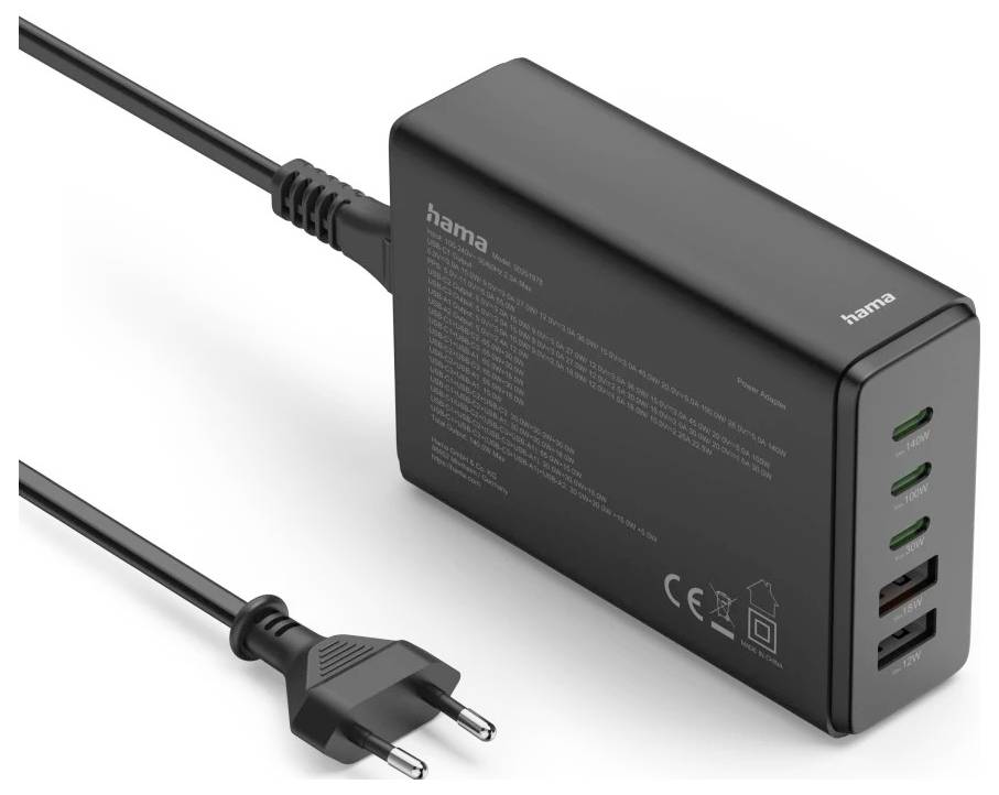 Hama USB-Ladestation 5 Ports, GaN, Schnellladegerät, 3xUSB-C, 2xUSB-A, PD, 140 W Station de charge USB 140 W noir