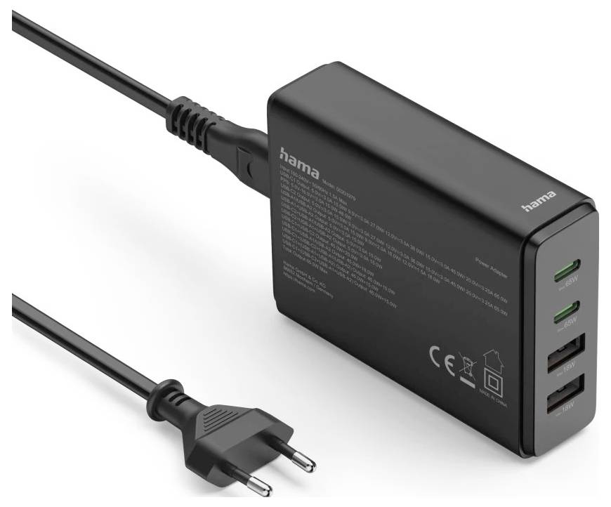 Hama USB-Ladestation 4 Ports, GaN, Schnellladegerät, 2xUSB-C, 2xUSB-A, PD, 65 W Station de charge USB 65 W noir