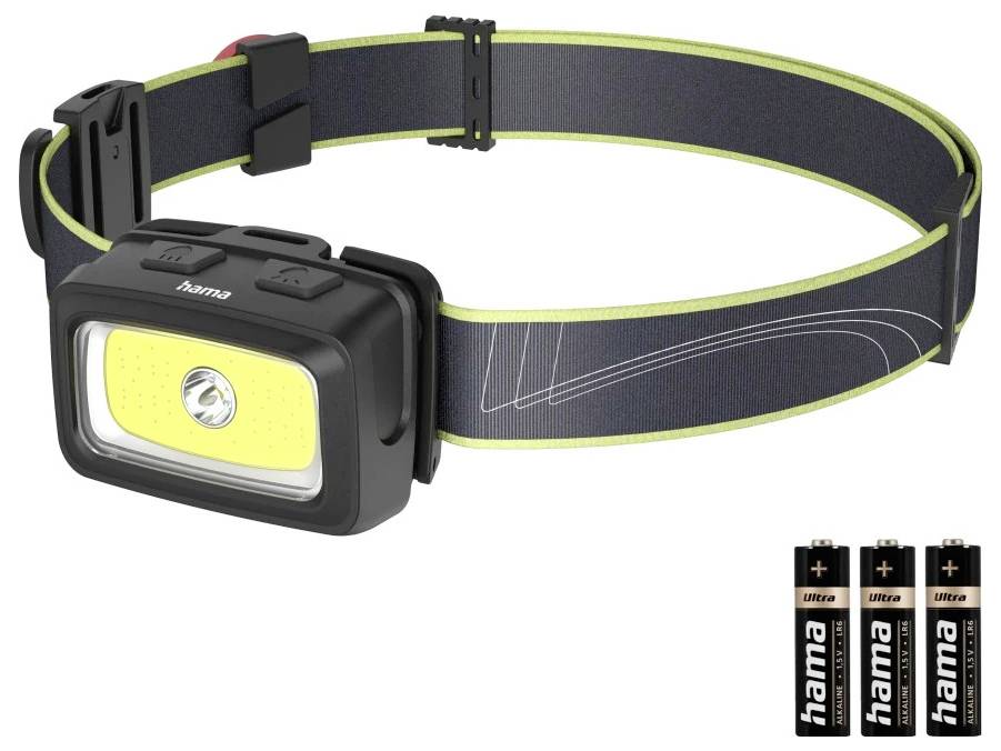 Hama LED-Stirnlampe "HL350", Batterien, COB, Kopflampe, Warnlicht, Pfeife,7 Modi Lampe frontale 95 g