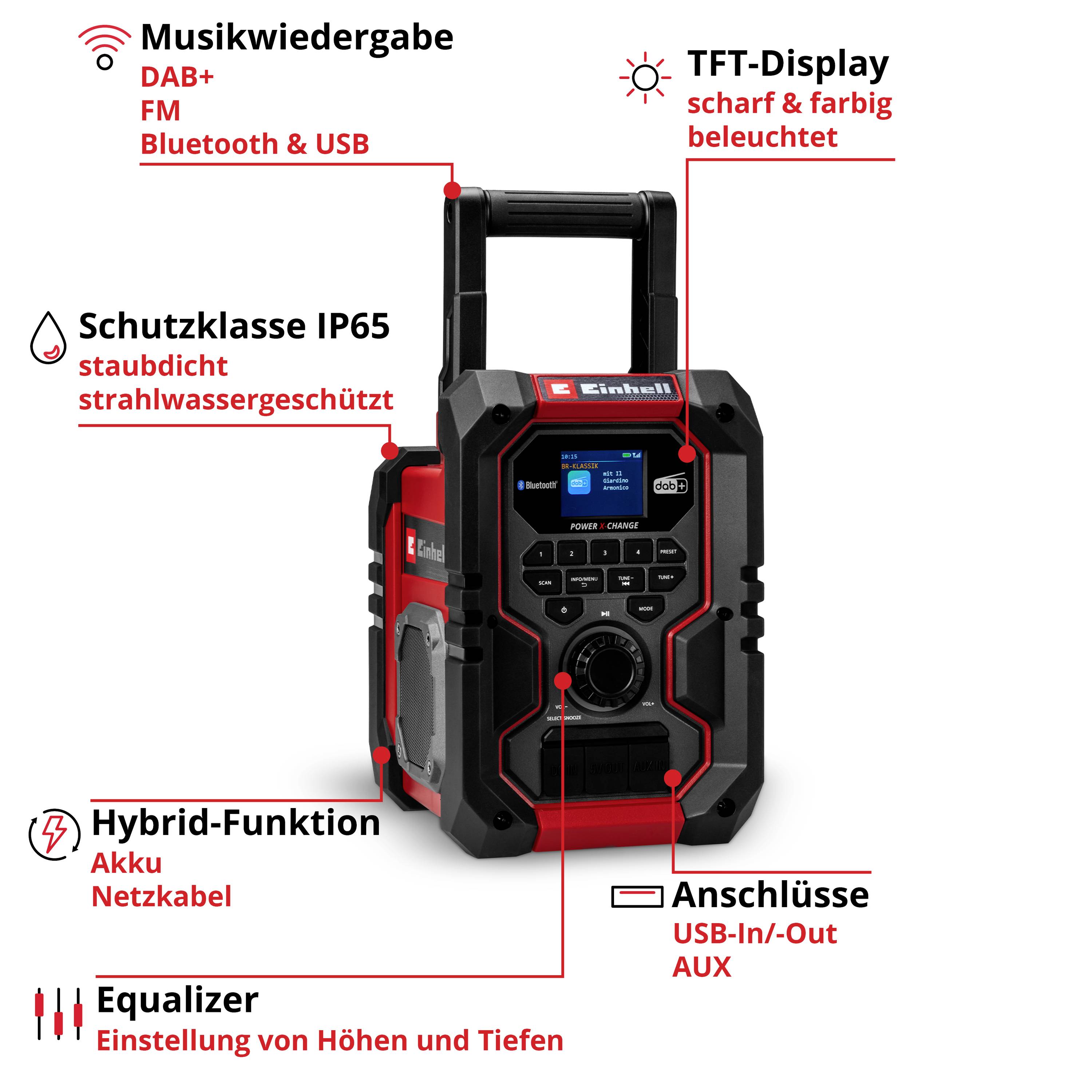Einhell TE-CR 18 Li Radio sans fil DAB+, FM Bluetooth, AUX, USB rouge/noir