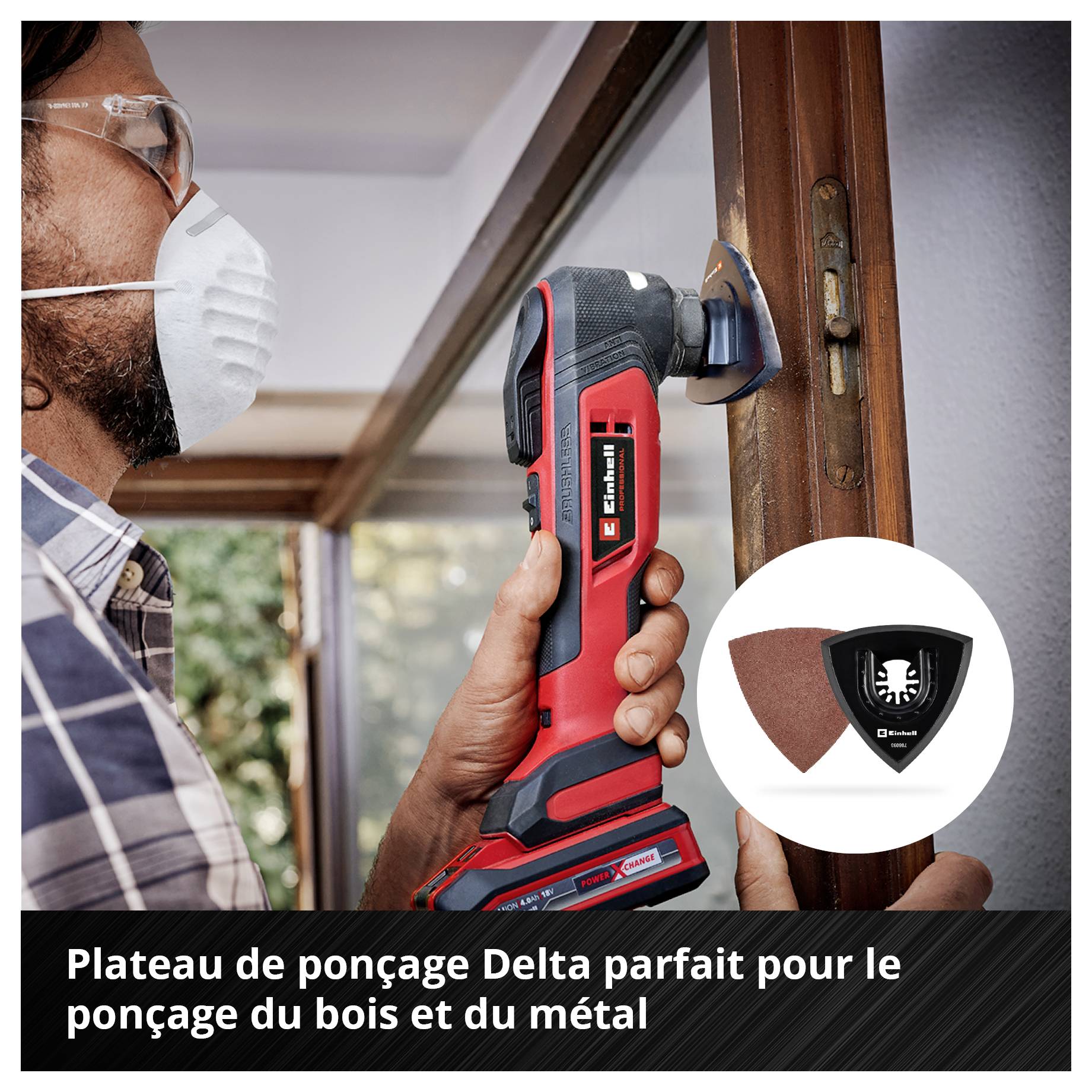 Lame de scie noire avec denture revêtue de titane. Inscriptions : matériau durable, finition PTFE, compatible universellement avec les outils multifonctions.