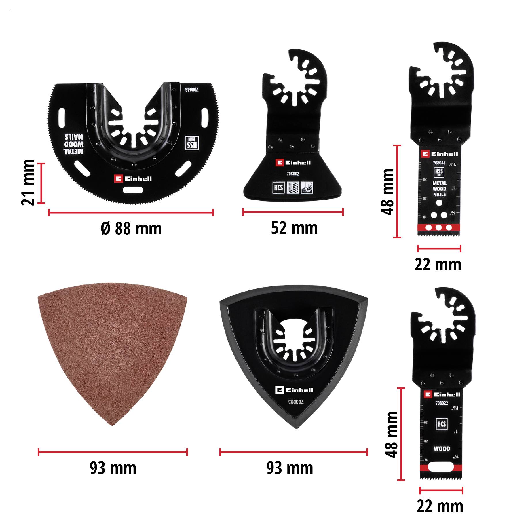 Auswahl an Werkzeugscheiben mit Maßangaben: Halbmondklinge, Tauchklinge, Schleifplatte. Eignung für Holz und Metall.