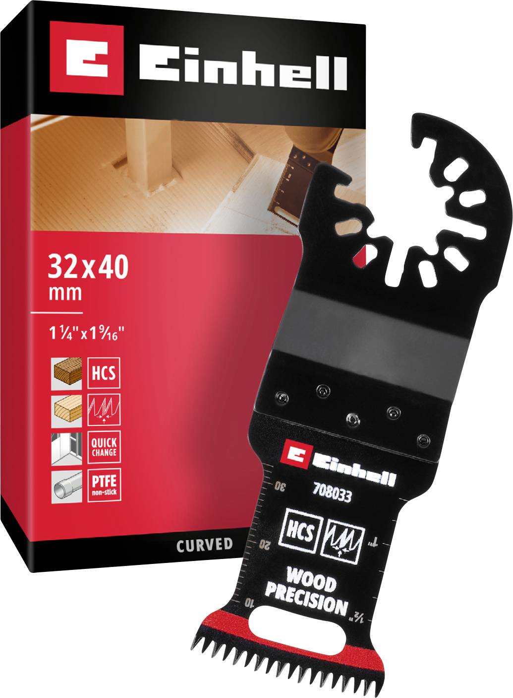 Lame multifonction Einhell en noir devant un fond d'emballage rouge. Texte sur l'emballage : « 32x40 mm ».
