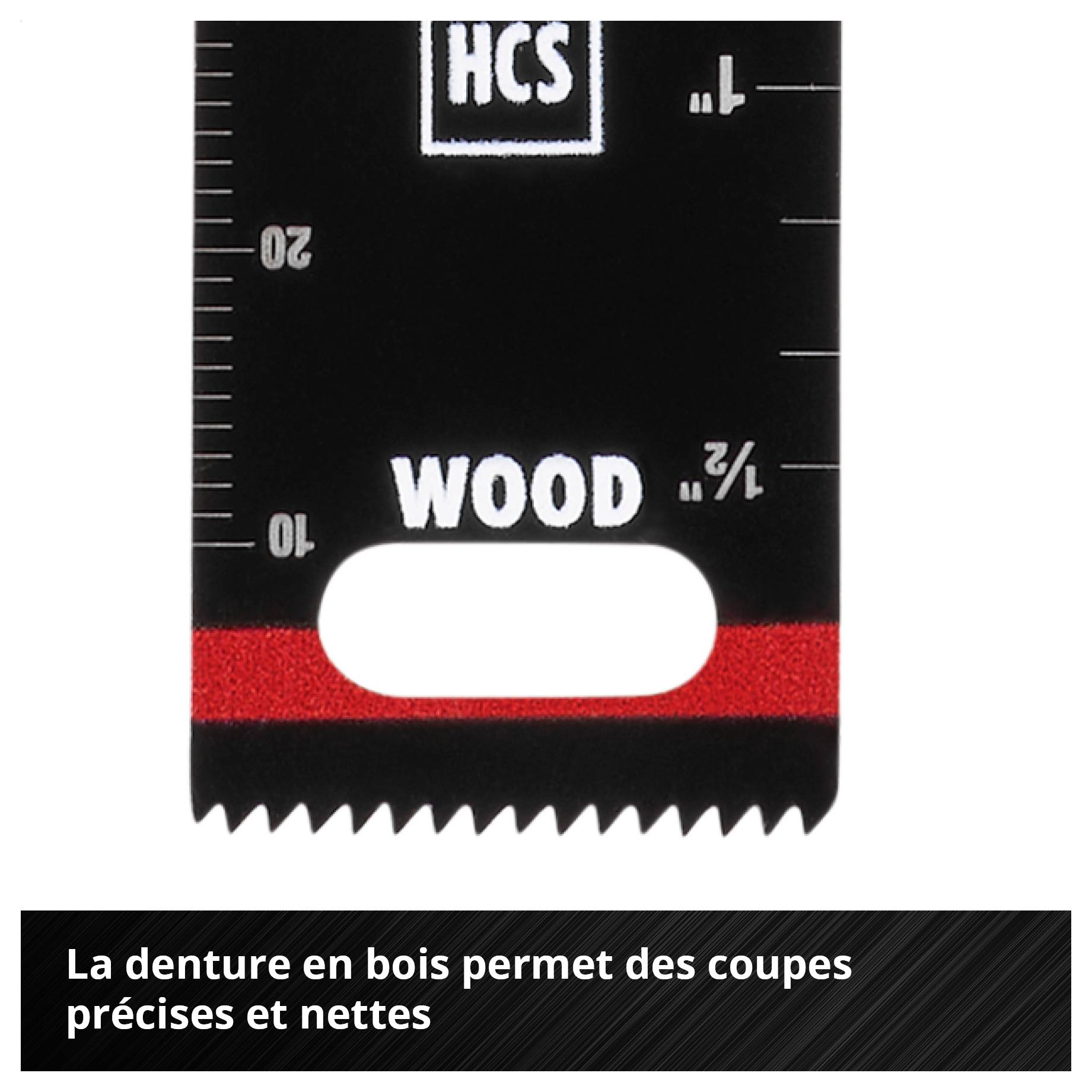 « Lame de scie avec denture pour bois, règle graduée et inscription « WOOD ». Convient pour des coupes précises et nettes. »
