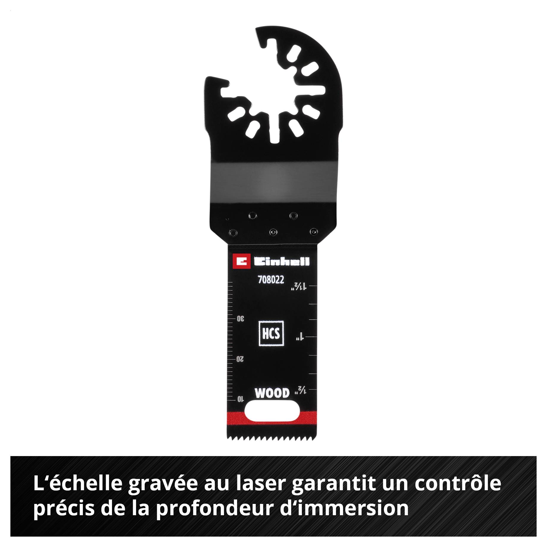 Lame de scie pour outil multifonction avec échelle gravée au laser pour contrôler précisément la profondeur de pénétration, spécialement conçue pour les travaux du bois.