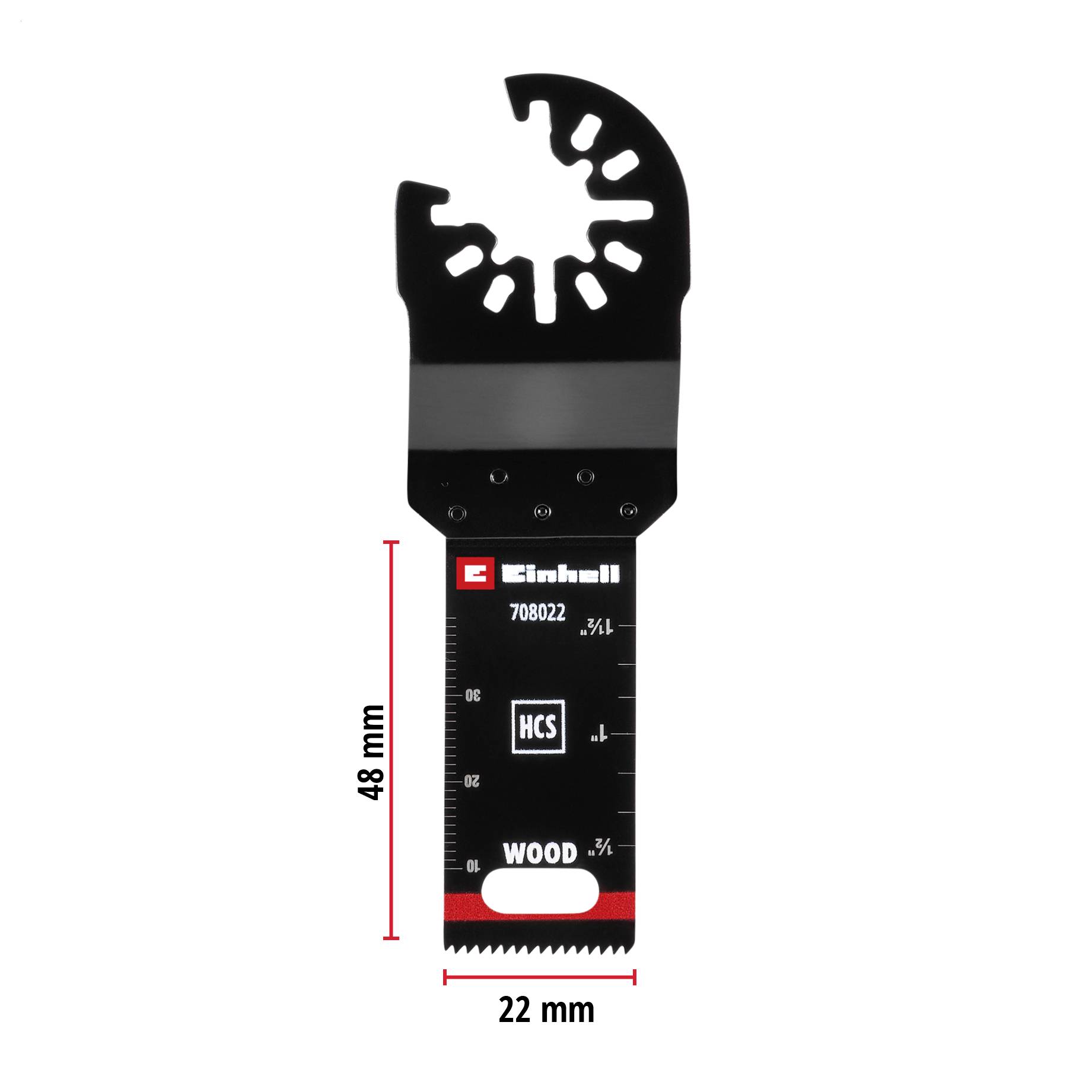 Une lame de scie multioutil noire pour bois avec inscription 'WOOD' et 'HCS', mesurant 48 mm x 22 mm. Logo du fabricant en haut.