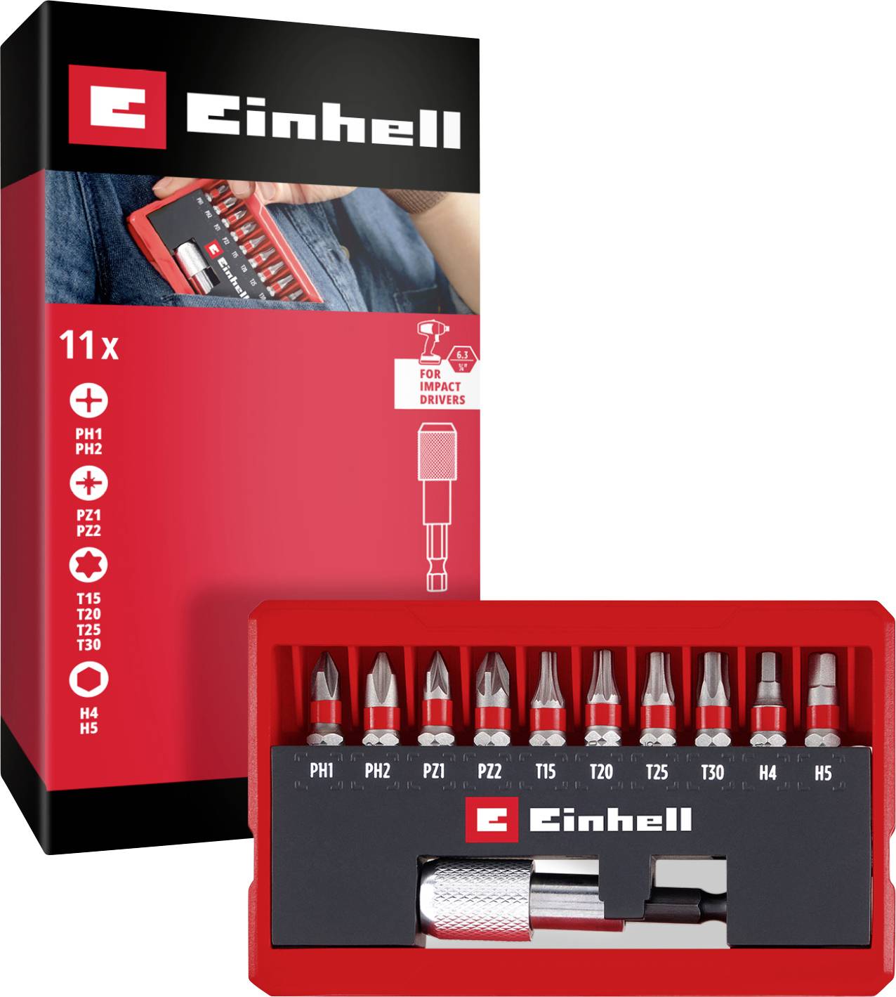 Einhell Bit Taschenbox 11tlg 118663 Jeu d'embouts PH, PZ, 6 pans intérieurs, TX avec porte-embout