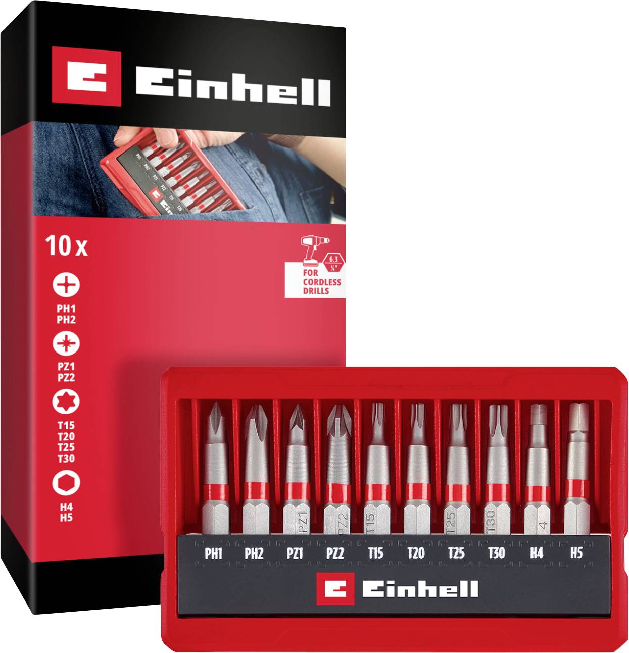 Einhell Bit Taschenbox 10tlg 118643 Jeu d'embouts PH, PZ, 6 pans intérieurs, TX