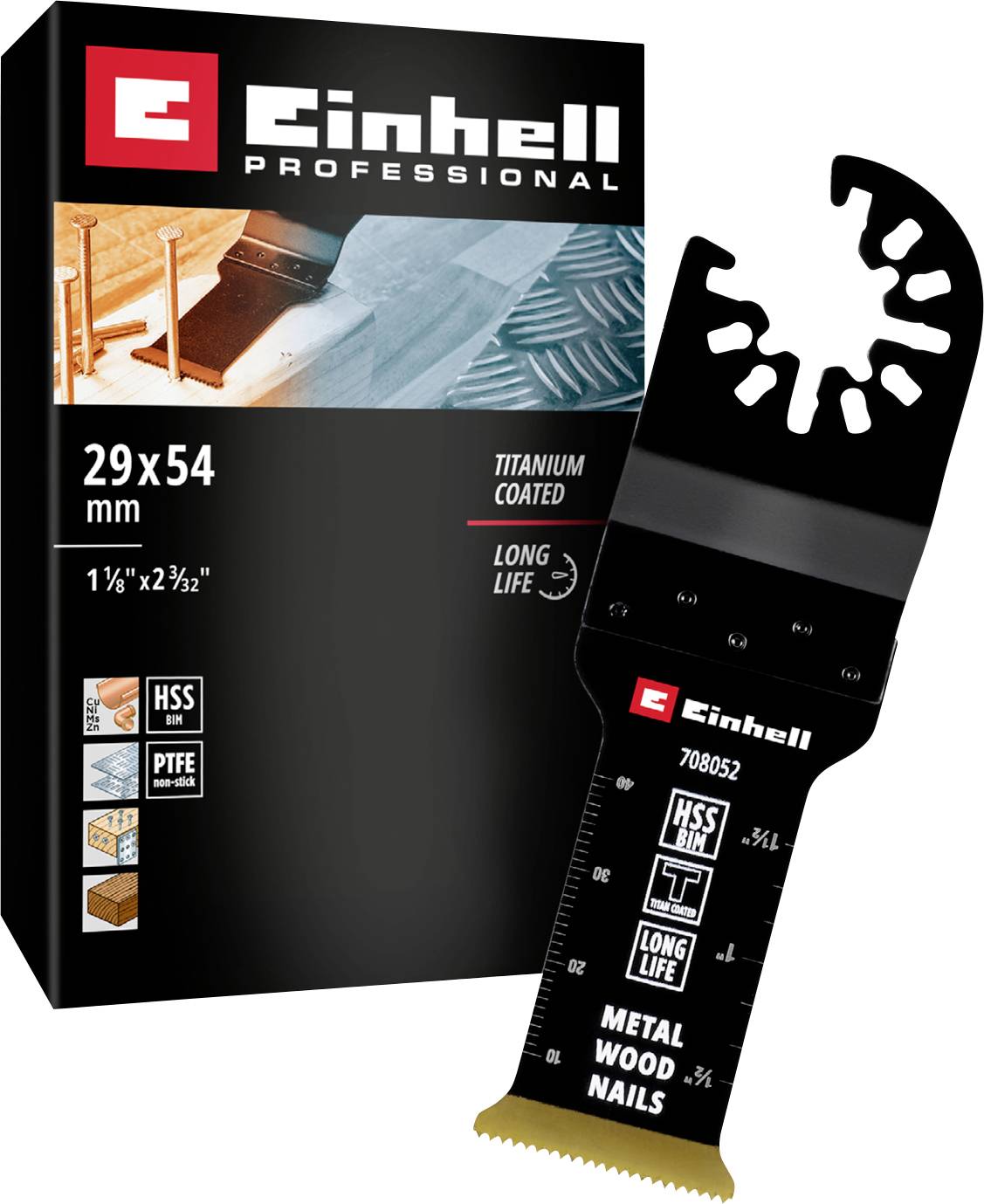 Emballage produit 'Einhell Professional' et lame de scie, 29x54 mm. convenant au métal, au bois et aux clous, avec revêtement en titane pour une longue durée de vie.