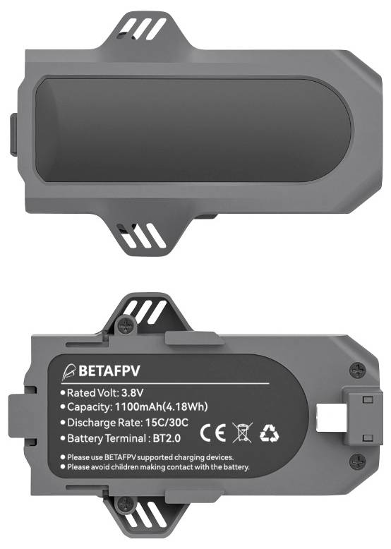 Batterie de drone BETAFPV avec spécifications : Tension nominale 3,8 V, capacité 1100 mAh, taux de décharge 15C/30C, borne de batterie BT2.0.