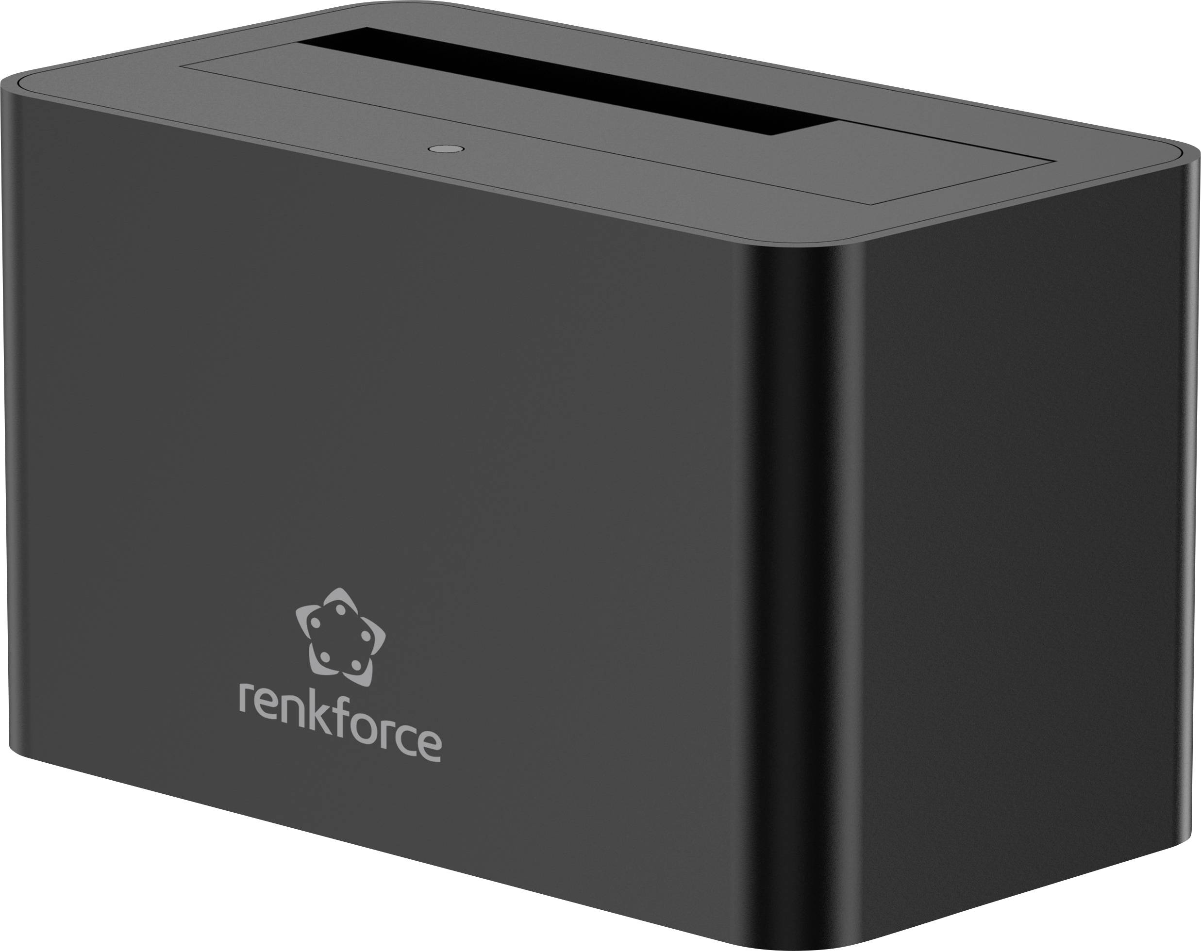 Une station d'accueil externe pour disque dur noir et rectangulaire, avec une fente sur le dessus et le logo 'renkforce' sur le côté.
