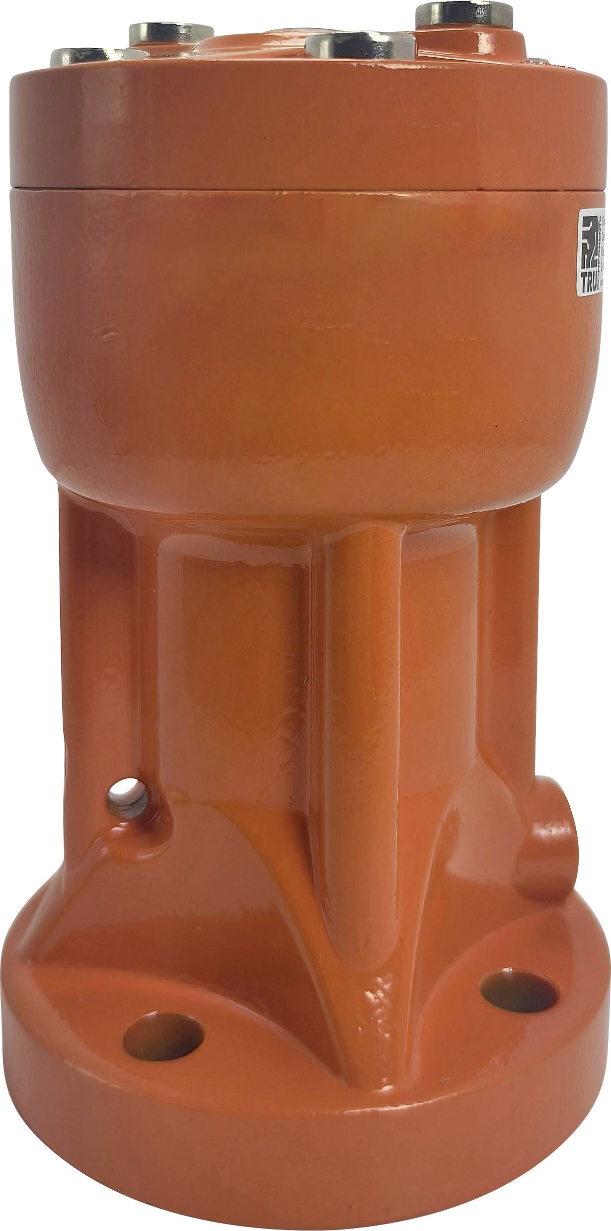 Un dispositif industriel orange de forme cylindrique, doté d'une bride avec des trous de montage et une série de boulons sur le dessus.
