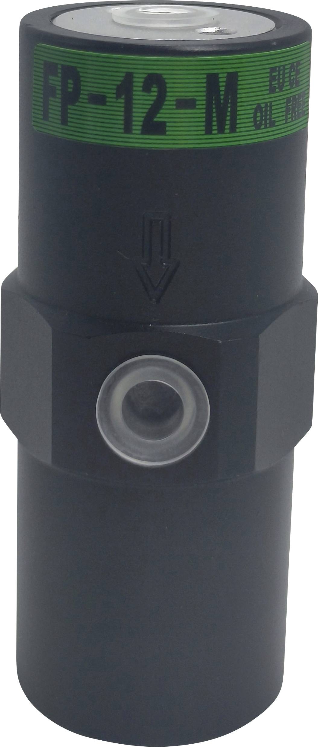 Un filtre à huile cylindrique noir étiqueté 'FP-12-M EUE EU Oil Filter' avec une flèche indiquant le sens d'écoulement.