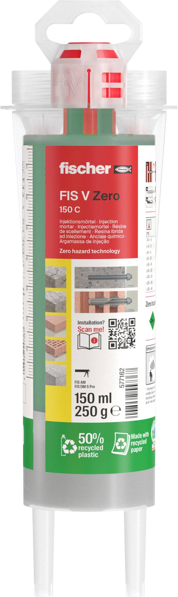Une cartouche étiquetée « fischer FIS V Zero 150 C », présentant des instructions d'utilisation et des informations environnementales. Contient 150 ml/250 g de mastic d'étanchéité.