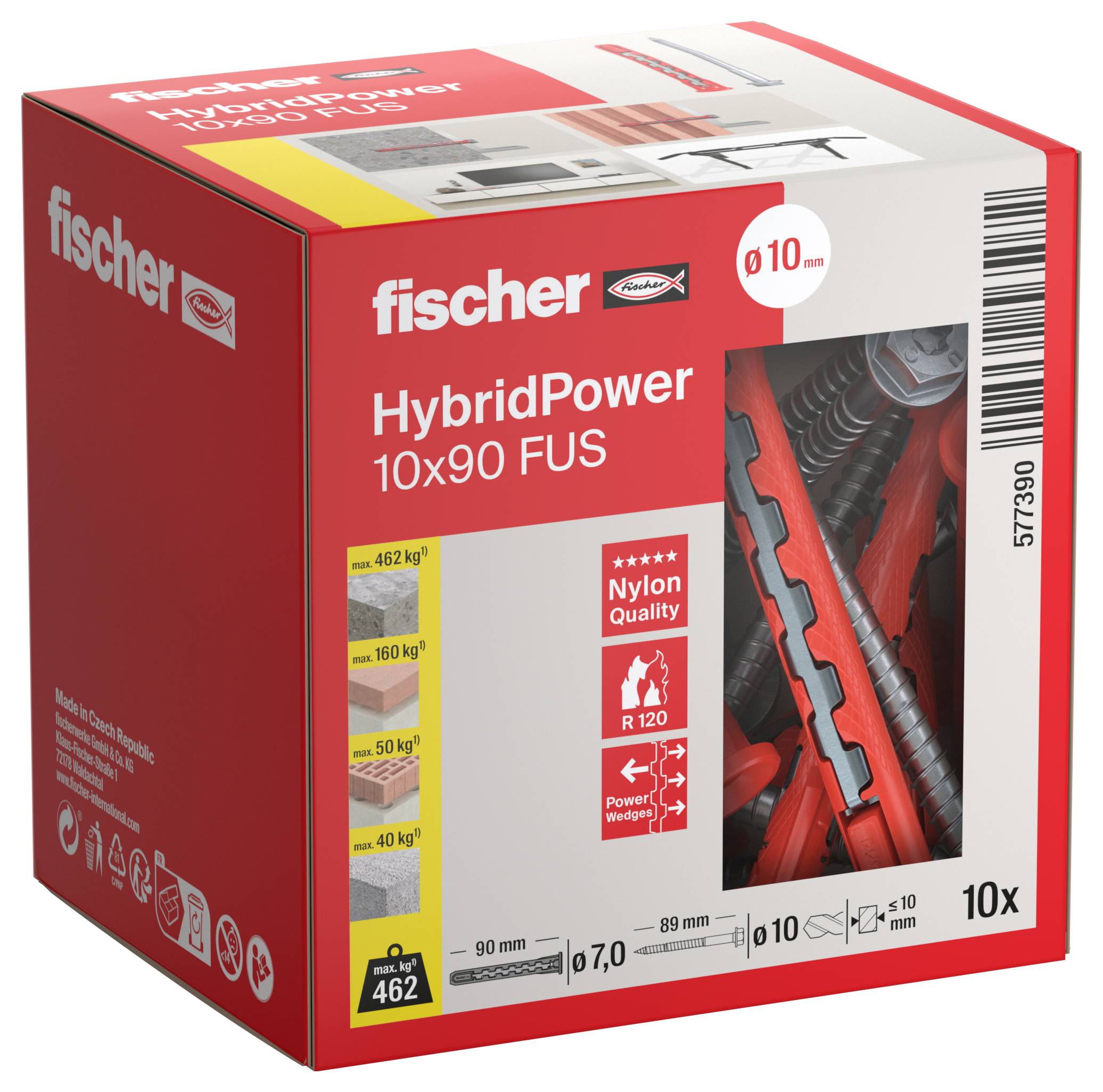 Boîte d'emballage rouge pour 'fischer HybridPower 10x90 FUS', présentant des chevilles en nylon, des résistances à la tension, avec des détails sur la quantité '10x'.