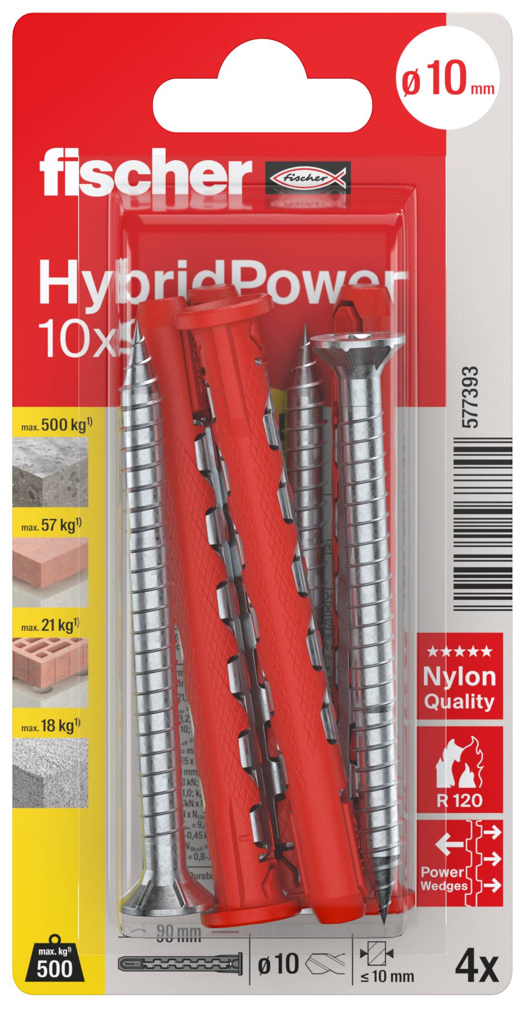 Emballage de la fiche murale Red Fischer pour « HybridPower 10x90 T », montrant une coupe transversale de la cheville et une quantité de 4.