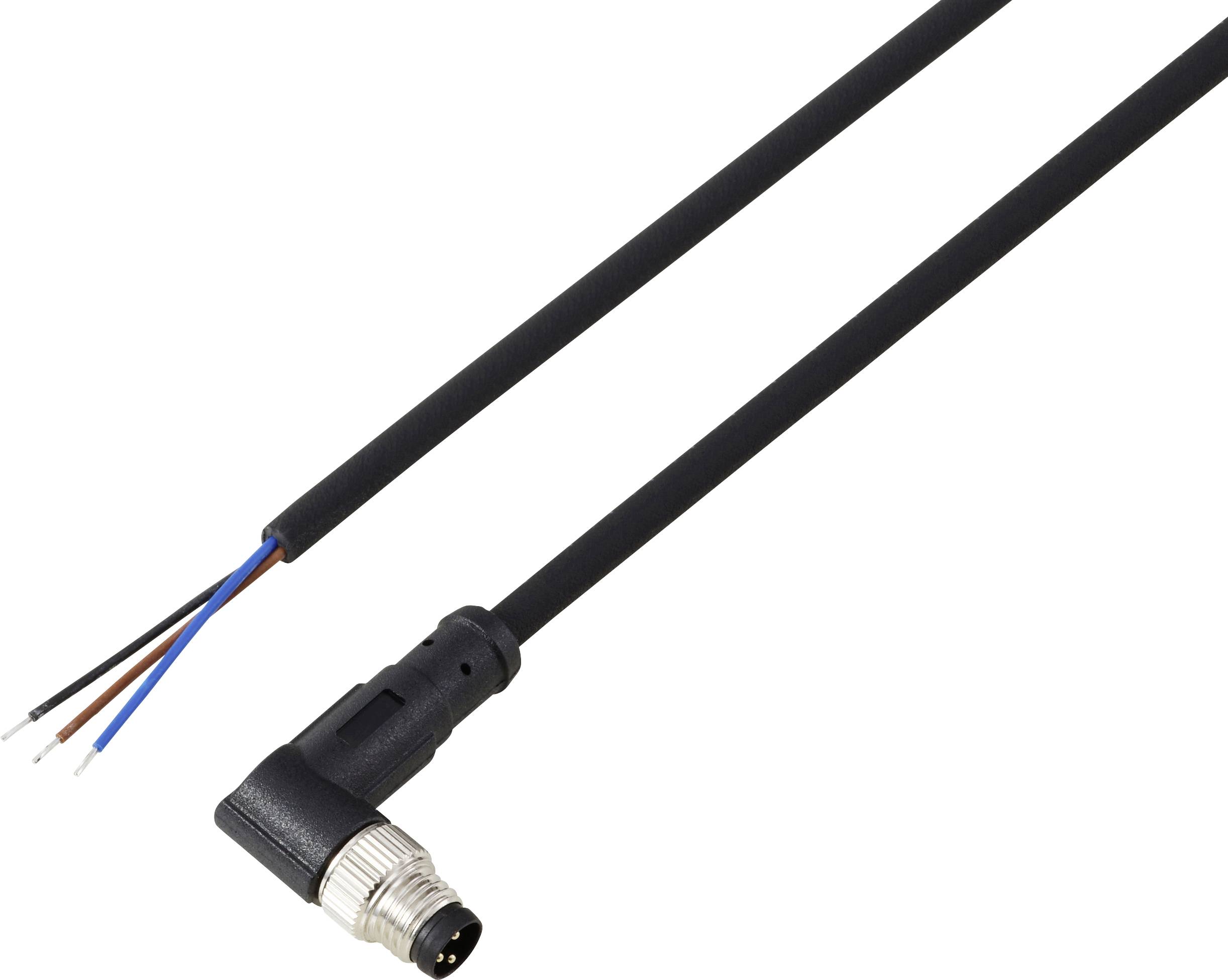 Un câble électrique noir avec un connecteur M12 à angle droit à une extrémité et quatre fils nus à l'autre extrémité.
