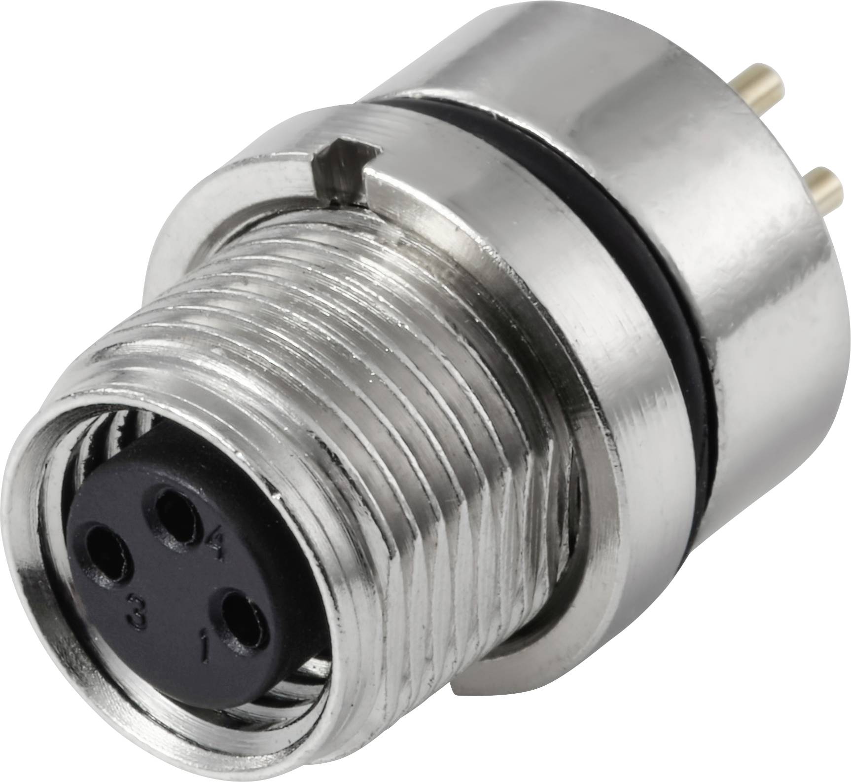 Un connecteur métallique avec quatre trous de broches numérotés de 1 à 4, utilisé pour les dispositifs électroniques, présentant des filets de vis et deux broches dorées à l'arrière.