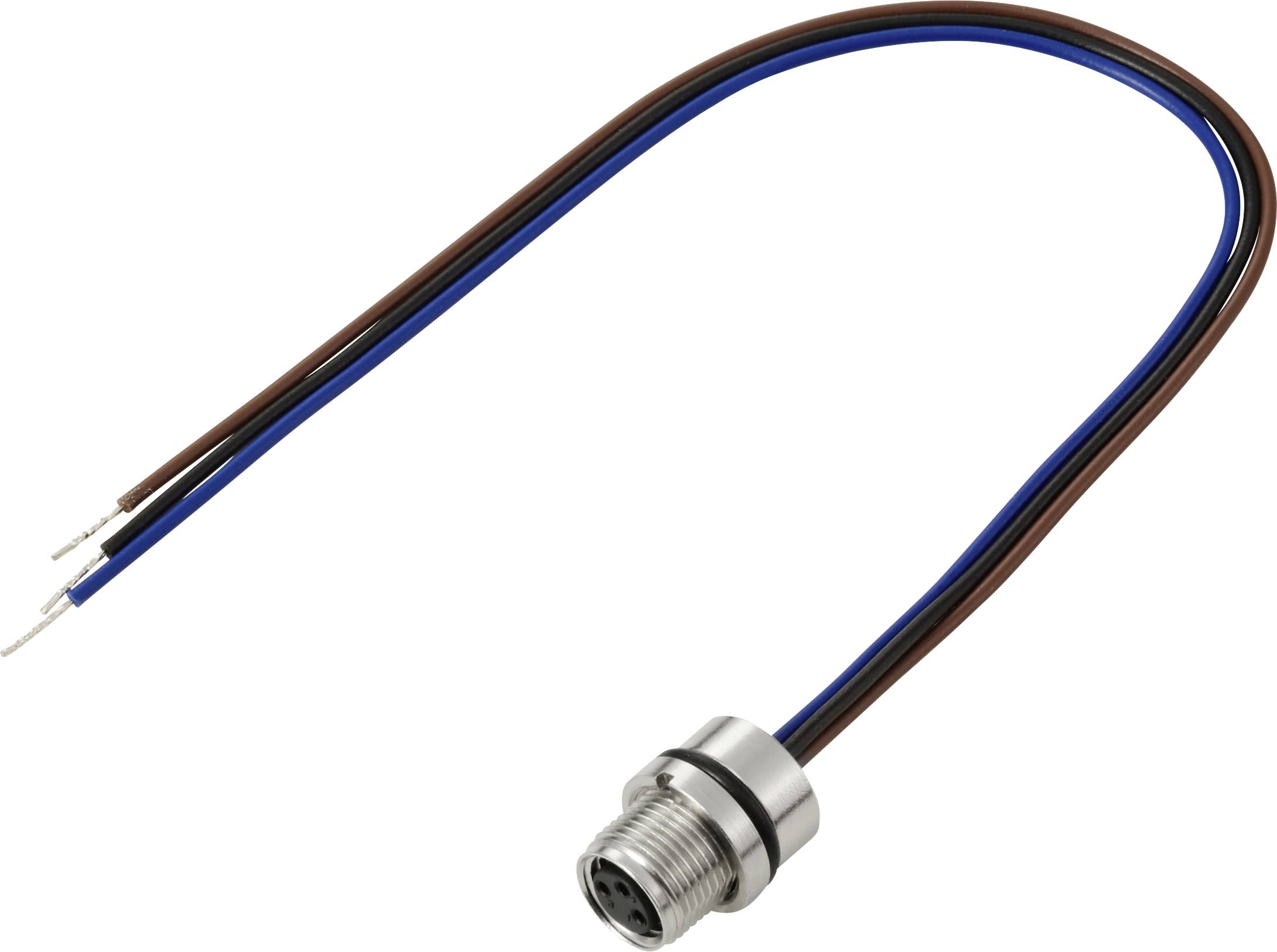 Un connecteur circulaire à 4 broches avec des fils marron et bleu attachés, utilisé pour les connexions électriques.
