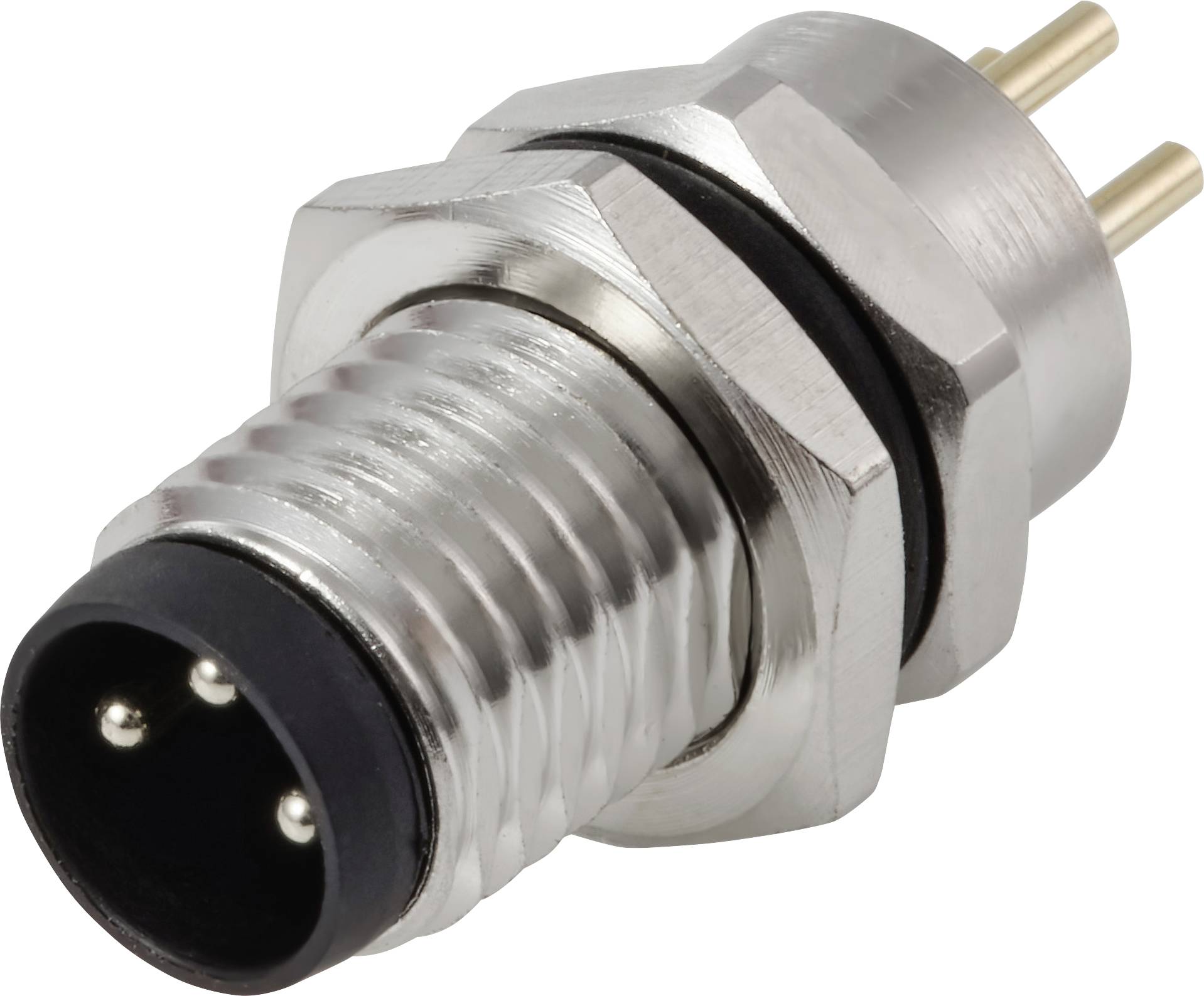 Un connecteur cylindrique métallique à trois broches, adapté à la transmission audio ou de données, doté d'un extérieur fileté et d'une base noire.