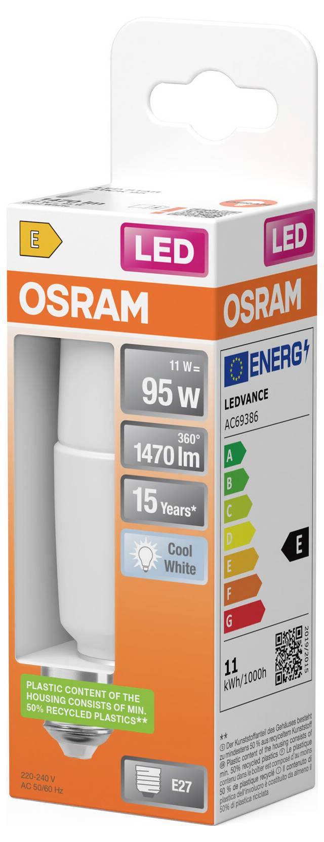 Emballage d'ampoule LED OSRAM pour une ampoule E27, affichant 11 W, équivalent 95 W, 1470 lm, 15 ans, blanc froid, et classement énergétique E.