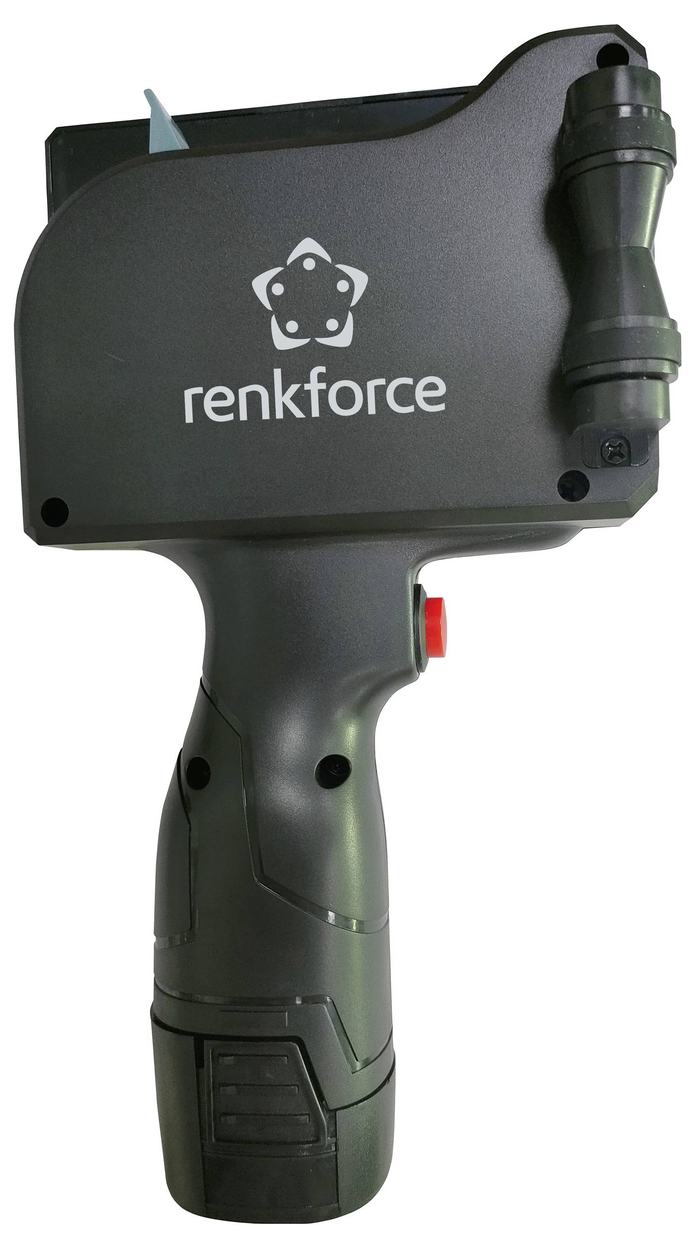 Un appareil d'étiquetage portable noir de la marque 'renkforce', doté d'une poignée de déclenchement et d'un compartiment rotatif pour le rouleau d'étiquettes.