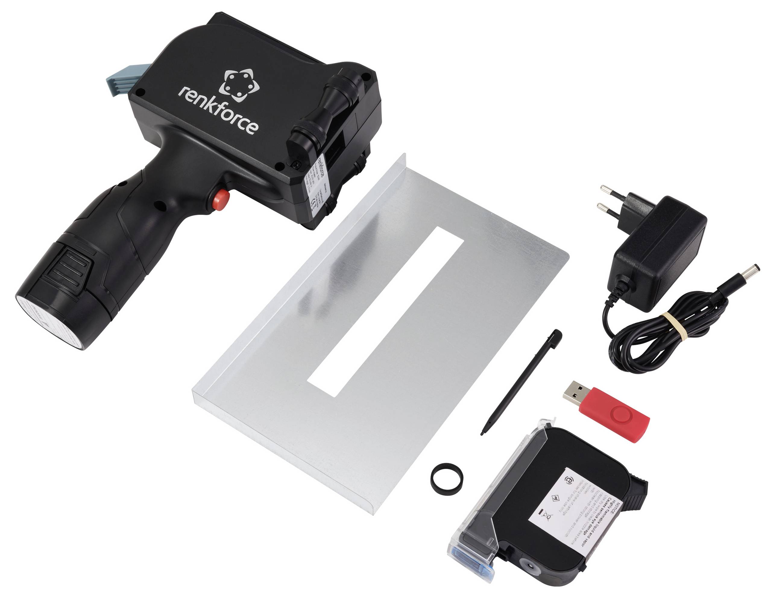 Imprimante jet d'encre portable avec ensemble de marka mzp009, clé USB noire, adaptateur secteur et gabarit de impression en métal.