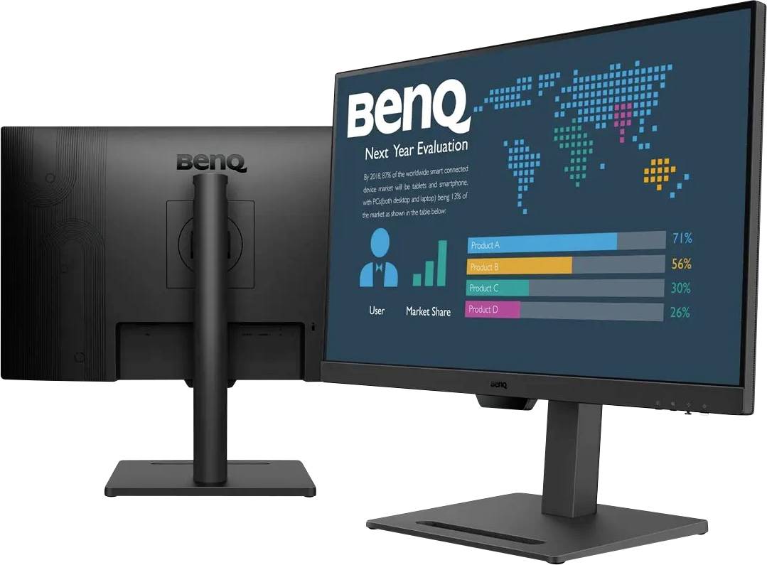Écran 'BenQ' affichant un graphique intitulé 'Évaluation de l'Année Prochaine' avec un graphique à barres montrant les parts de marché des produits : A (71 %), B (56 %), C (30 %), D (26 %).