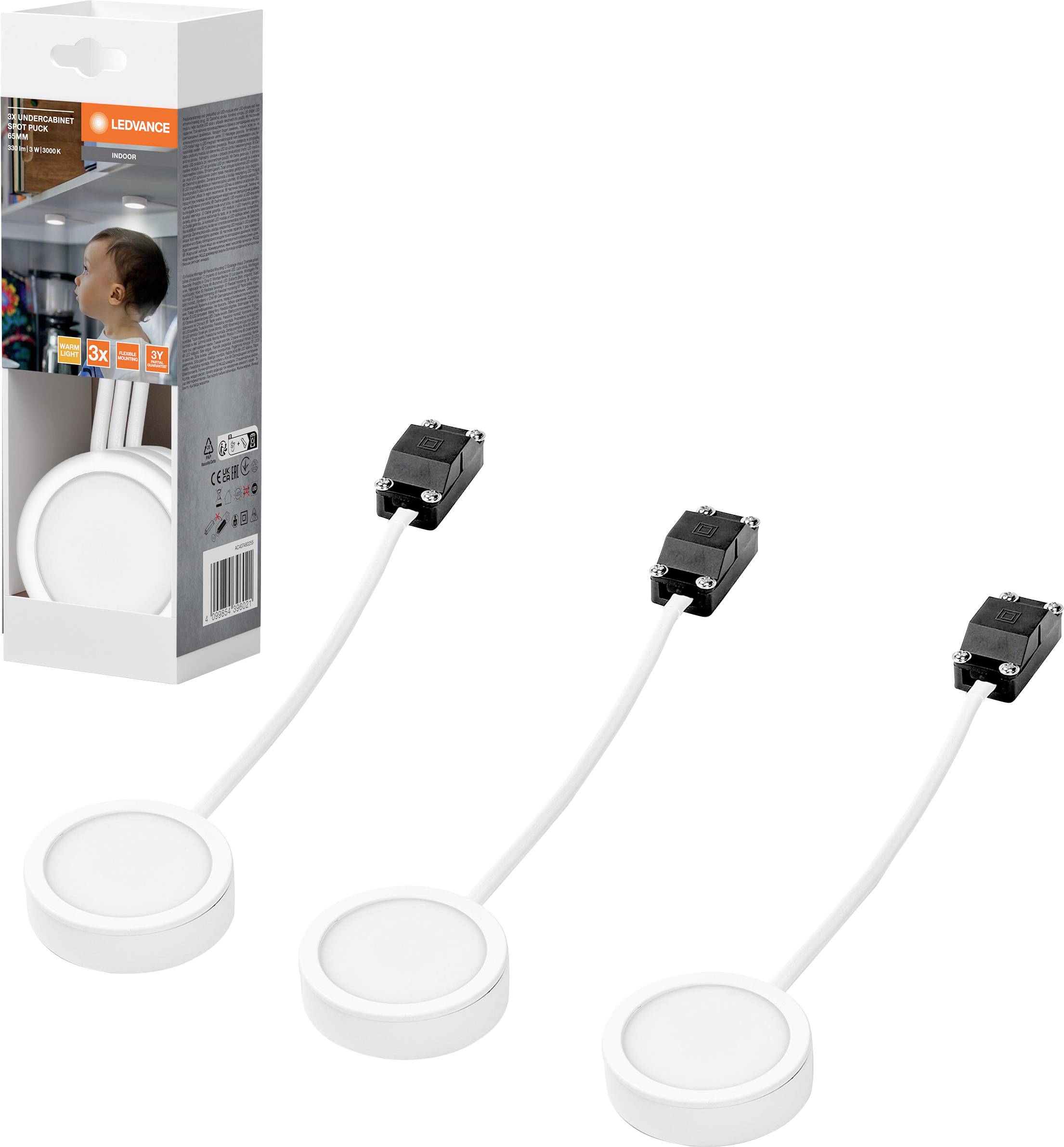 LEDVANCE Undercabinet Spot Puck 65mm 3 x 3W 830 White Éclairage LED pour meuble 3.00 W blanc chaud blanc