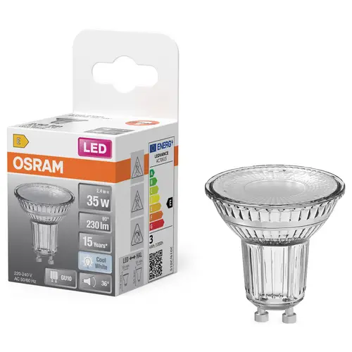 OSRAM HOMELIGHTING 4099854458507 Lampe à réflecteur LED CEE E (A - G) GU10 2.4 W blanc froid (Ø x H) 50.00 mm x 50.00 mm 1 pc(s) OSRAM HOMELIGHTING 4099854458507 Lampe à réflecteur LED CEE E (A - G) GU10 2.4 W blanc froid (Ø x H) 50.00 mm x 50.00 mm 1 pc(s)
