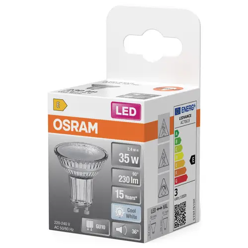 OSRAM HOMELIGHTING 4099854458507 Lampe à réflecteur LED CEE E (A - G) GU10 2.4 W blanc froid (Ø x H) 50.00 mm x 50.00 mm 1 pc(s) OSRAM HOMELIGHTING 4099854458507 Lampe à réflecteur LED CEE E (A - G) GU10 2.4 W blanc froid (Ø x H) 50.00 mm x 50.00 mm 1 pc(s)